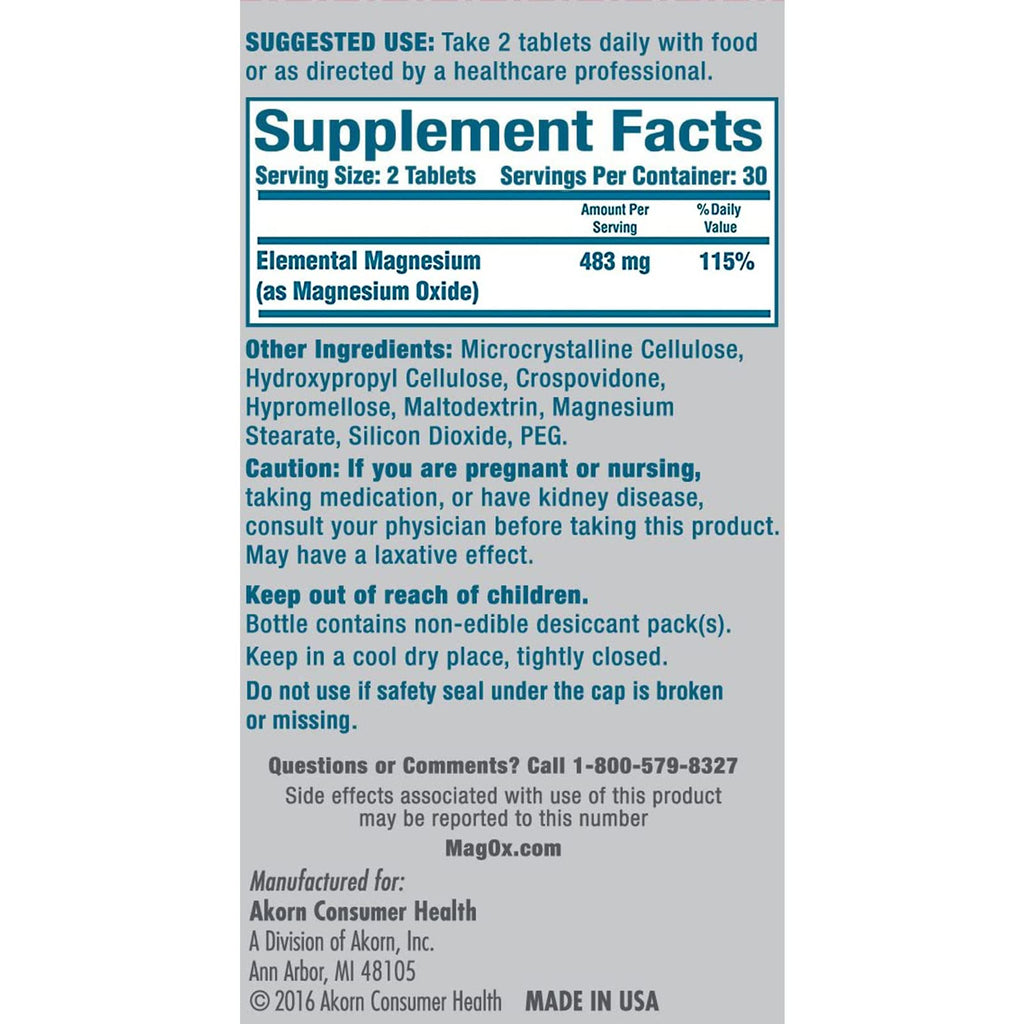 Mag-Ox High Potency Magnesium Supplement, Tablets, 60 Count | Pharmaceutical Grade Magnesium Oxide, 482 mg Per Dose, Magox 400 Magnesium