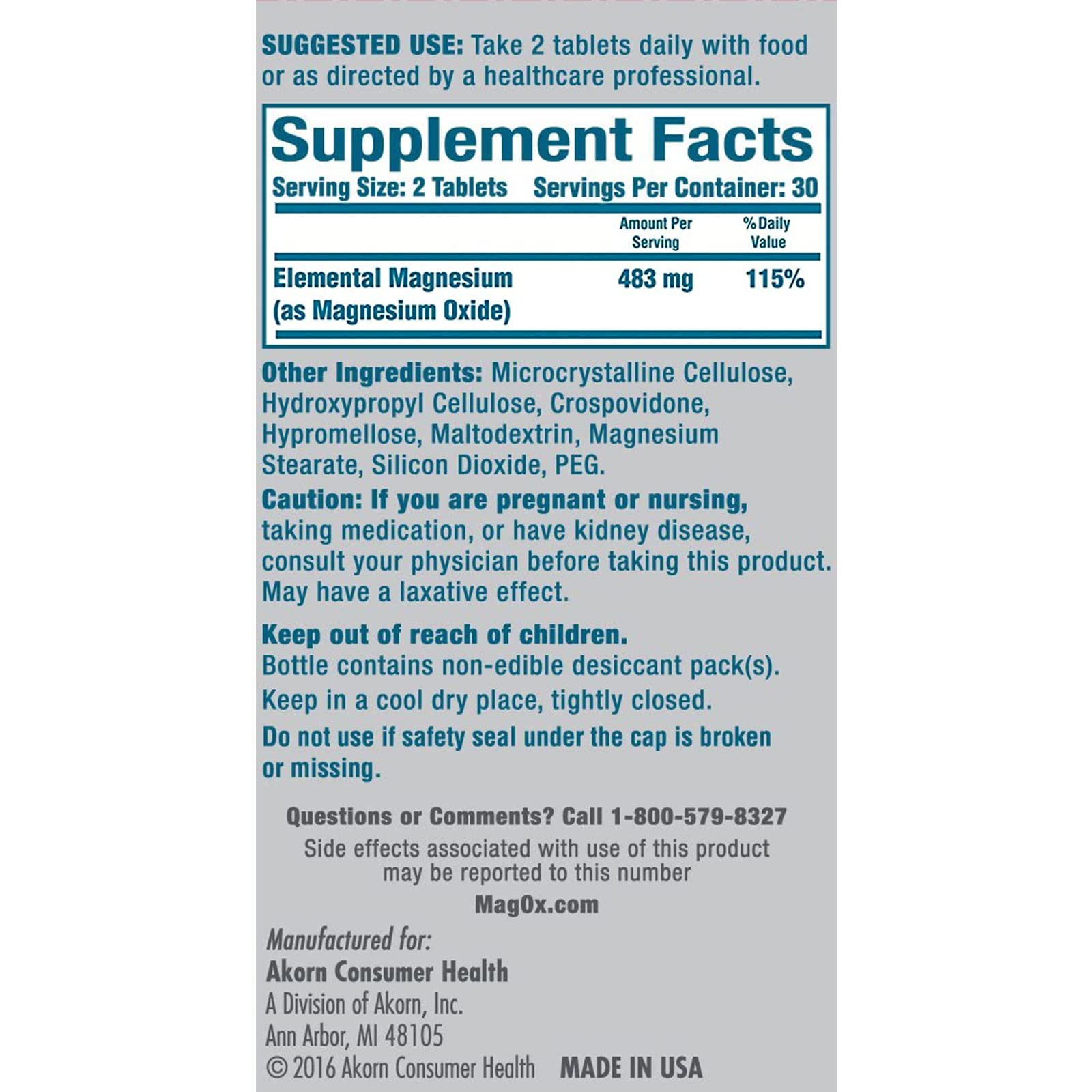 Mag-Ox High Potency Magnesium Supplement, Tablets, 60 Count | Pharmaceutical Grade Magnesium Oxide, 482 mg Per Dose, Magox 400 Magnesium