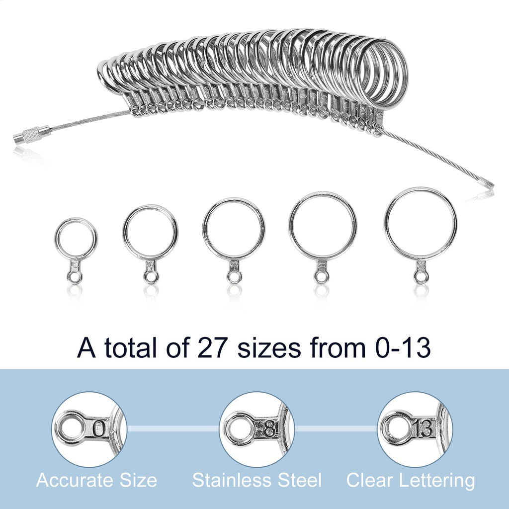 Ring Sizer Measuring Tool Kit, 27 PCS Premium Stainless Steel Measuring Ring Tool, US Ring Size 0-13 with Half Size, 2 PCS Reusable Finger Size 1-17 USA Rings Size with Magnified Glass