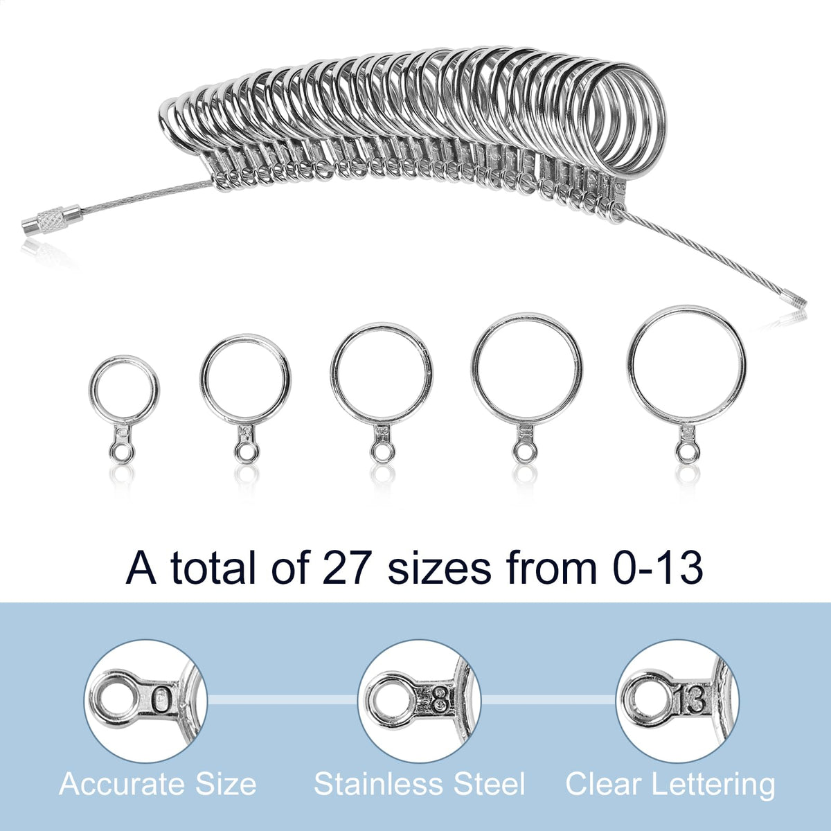 Ring Sizer Measuring Tool Kit, 27 PCS Premium Stainless Steel Measuring Ring Tool, US Ring Size 0-13 with Half Size, 2 PCS Reusable Finger Size 1-17 USA Rings Size with Magnified Glass