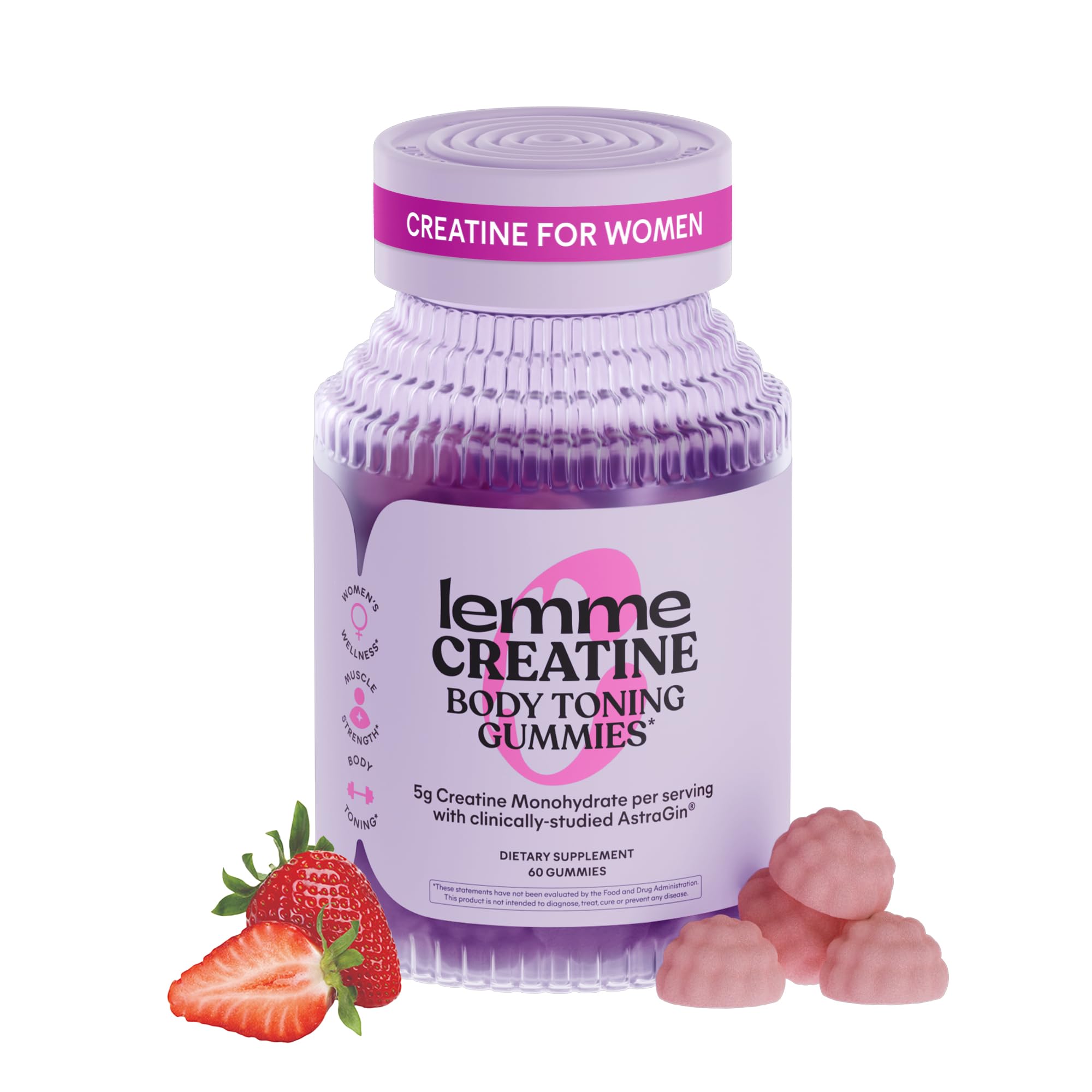 Lemme Creatine Monohydrate Gummies, Sour Strawberry (60 Gummies) | 5g Creatine for Lean Muscle, Strength, Recovery & Cognitive Health with Ginseng for Absorption. NSF Certified for Women & Men