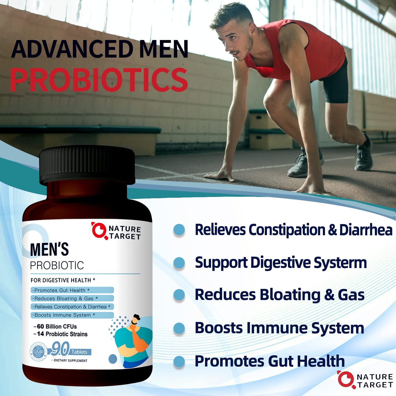 NATURE TARGET Probiotics for Men, 60 Billion CFU, 90 Veggie Tablets | 14 Strains Probiotics & Prebiotics for Men's Digestive & Immune Health, Shelf Stable, Gluten & Soy Free