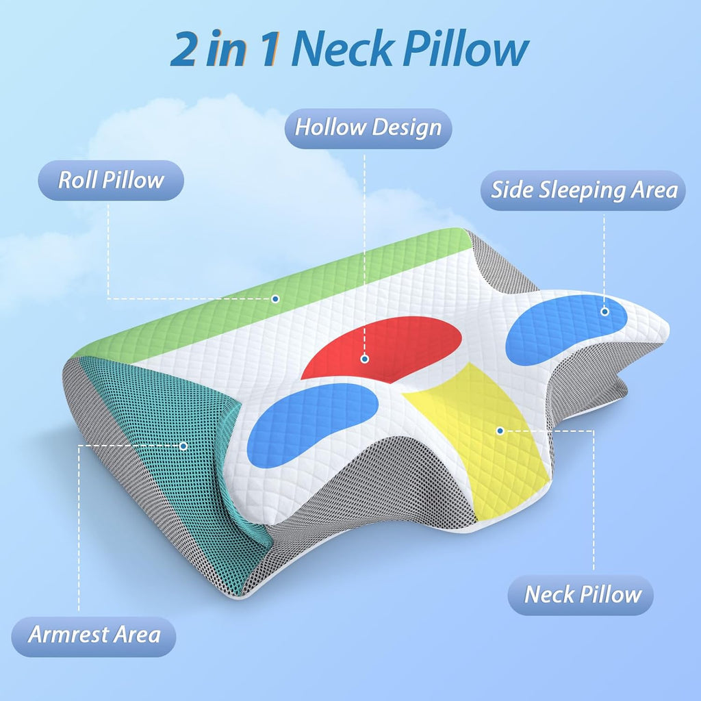 Buy now HOMCA Memory Foam Cervical Pillow, 2 in 1 Ergonomic Contour Orthopedic Pillow for Neck Pain, Contoured Support Pillows for Side Back Stomach Sleepers at indiglob india