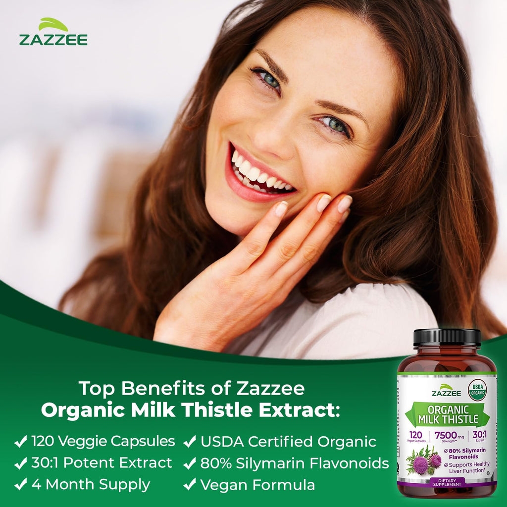 Zazzee USDA Organic Milk Thistle 30:1 Extract, 80% Silymarin, 120 Capsules | Vegan, 4 Month Supply, Certified Kosher, High Potency Liver & Antioxidant Support, Silybum Marianum, Non-GMO, Made in the USA