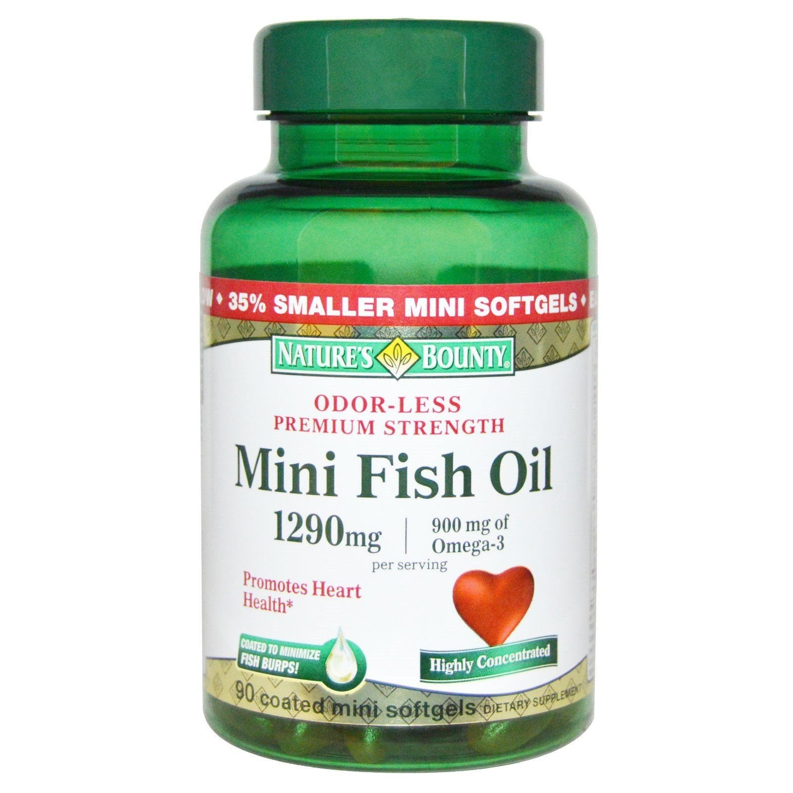 Nature's Bounty Mini Fish Oil Softgels 1290 mg, Omega-3, Supports Heart Health, Odor-Less, 90 Mini Coated Softgels (Pack of 2)