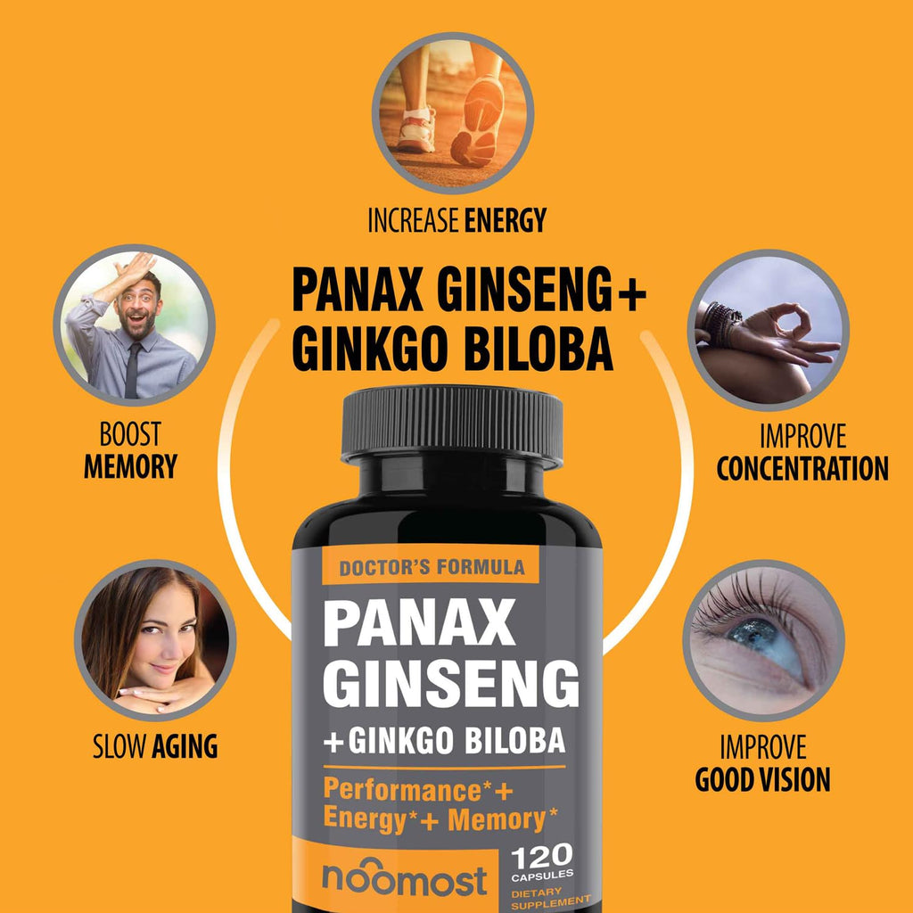 Authentic Korean Red Panax Ginseng + Ginkgo Biloba, 120 Vegan Capsules, Ginseng Root Extract Powder 1000mg (10% Ginsenosides) + Gingko Biloba 60mg, Energy and Focus Pills for Men and Women