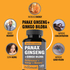 Authentic Korean Red Panax Ginseng + Ginkgo Biloba, 120 Vegan Capsules, Ginseng Root Extract Powder 1000mg (10% Ginsenosides) + Gingko Biloba 60mg, Energy and Focus Pills for Men and Women