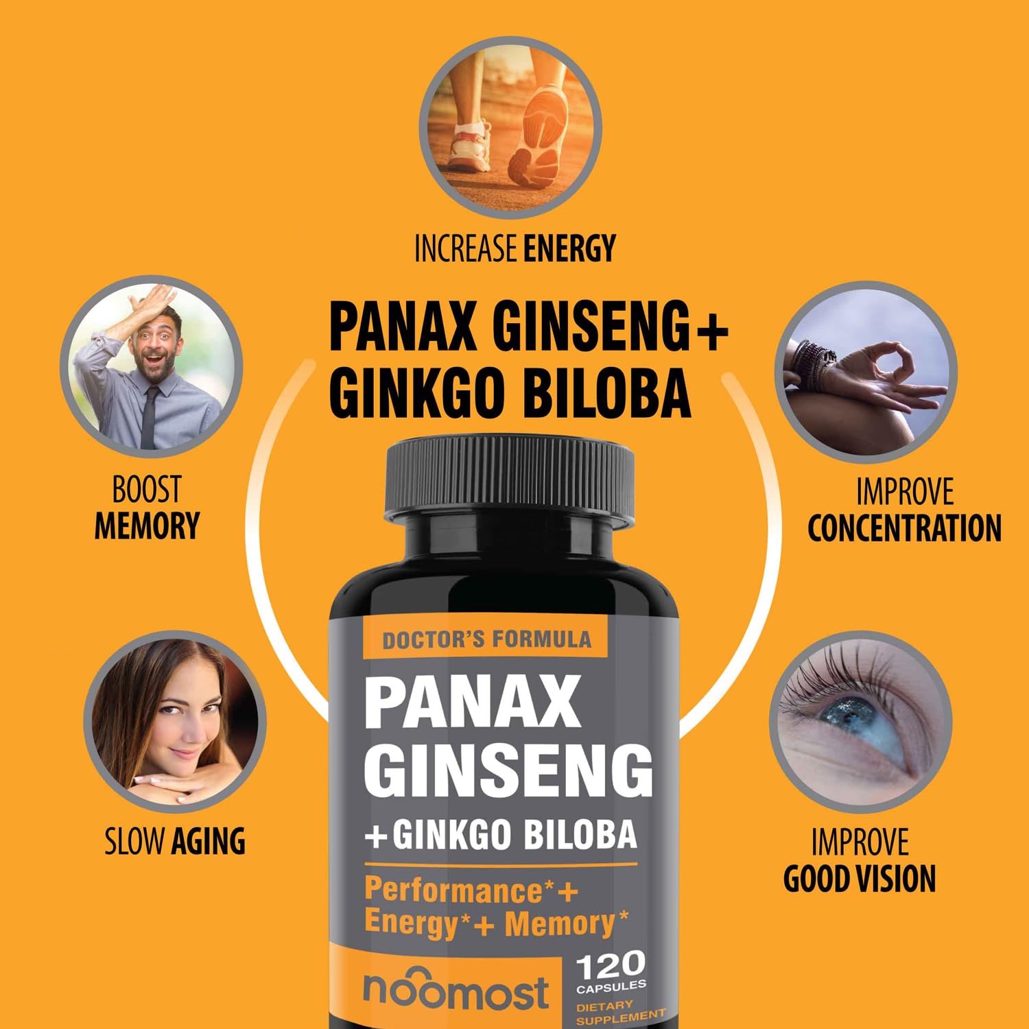 Authentic Korean Red Panax Ginseng + Ginkgo Biloba, 120 Vegan Capsules, Ginseng Root Extract Powder 1000mg (10% Ginsenosides) + Gingko Biloba 60mg, Energy and Focus Pills for Men and Women