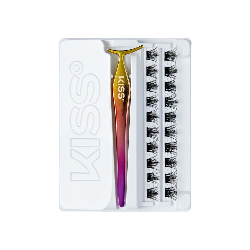 Kiss Impress Falsies Press On Self Adhesive Eyelashes, 12mm-14mm Glam Volume Press On Lashes, Black, No Glue Needed, Invisible Band, 20 Lash Clusters & Non-Stick Applicator - Spiky