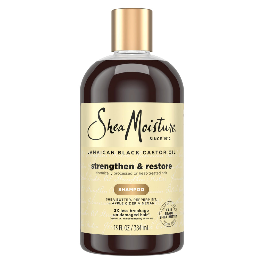 Shea Moisture Strengthen and Restore Shampoo for Damaged Hair 100% Pure Jamaican Black Castor Oil Cleanse and Nourish 13 oz | For damaged hair - remove build up, strengthen, and restore hair with Shea Butter, Peppermint, and Apple Cider Vinegar.