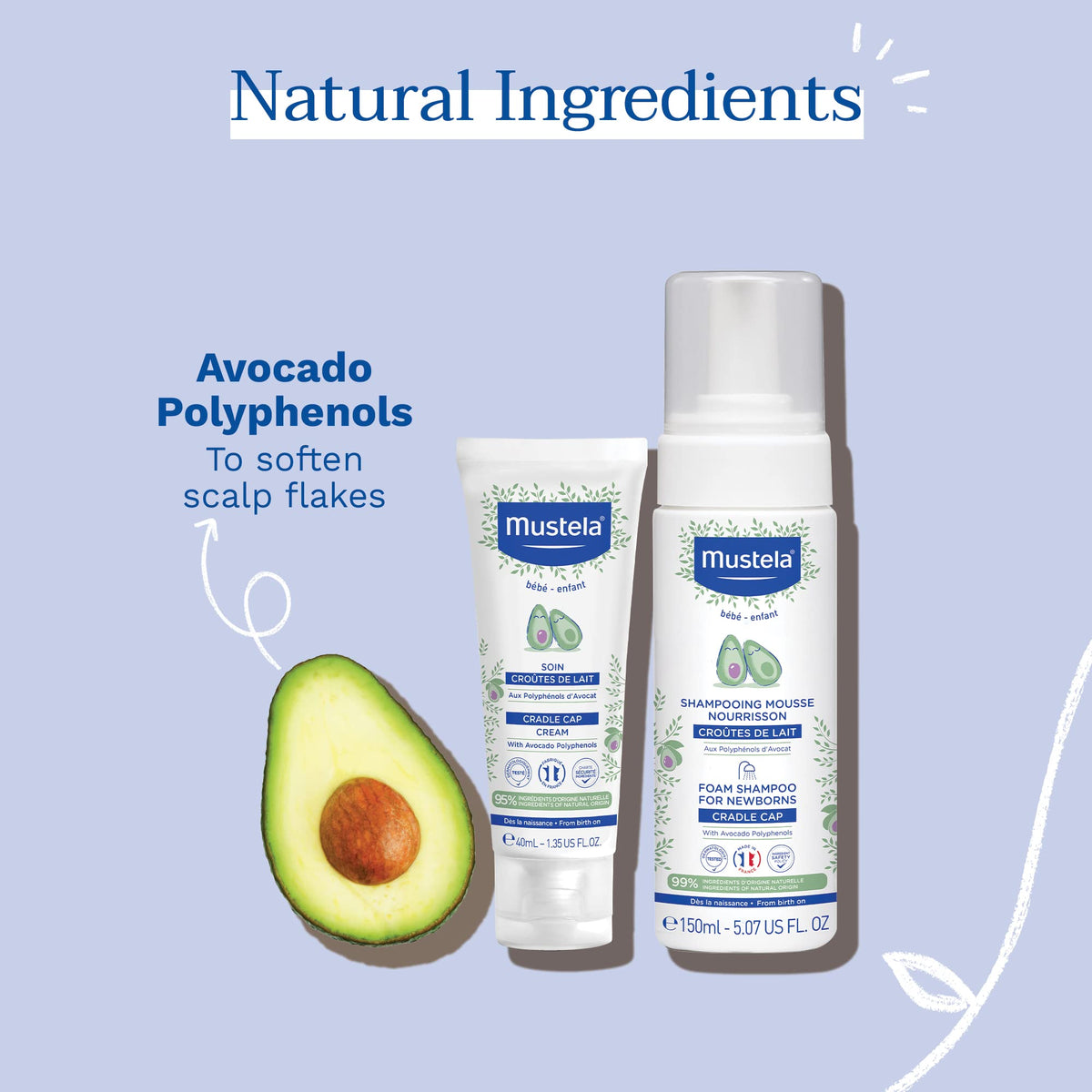 Mustela Cradle Cap Fragrance-Free Baby Shampoo & Cream for Baby & Newborn for Seborrheic Dermatitis - Helps to minimize Scalp Flakes - Clinically & Dermatologist Tested - 2 Items Set