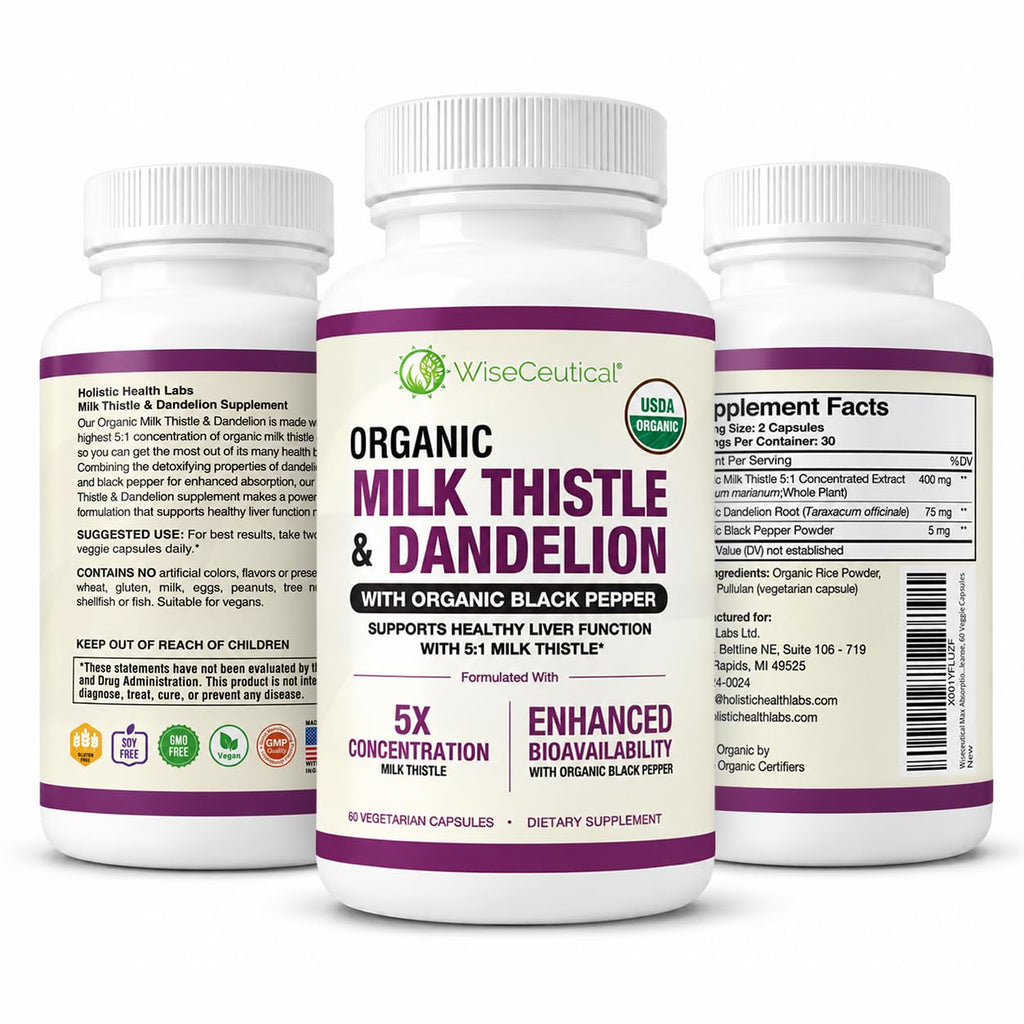 Max Absorption USDA Organic Milk Thistle Potent 5:1 Concentrated Extract (2000mg Strength) & Organic Dandelion Root | Silymarin Antioxidant Flavonoid | Liver Support Supplement (60 Count (Pack of 1))