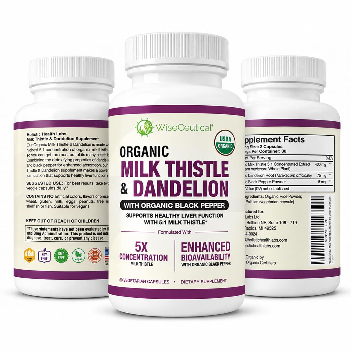 Max Absorption USDA Organic Milk Thistle Potent 5:1 Concentrated Extract (2000mg Strength) & Organic Dandelion Root | Silymarin Antioxidant Flavonoid | Liver Support Supplement (60 Count (Pack of 1))