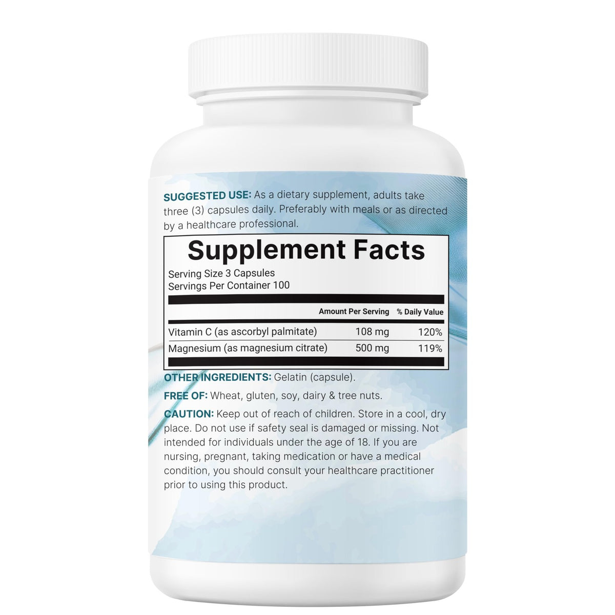Pure Magnesium Citrate Supplements 500mg, 300 Capsules | Fat-Soluble Vitamin C Added | 100% Chelated | Only Active Ingredients