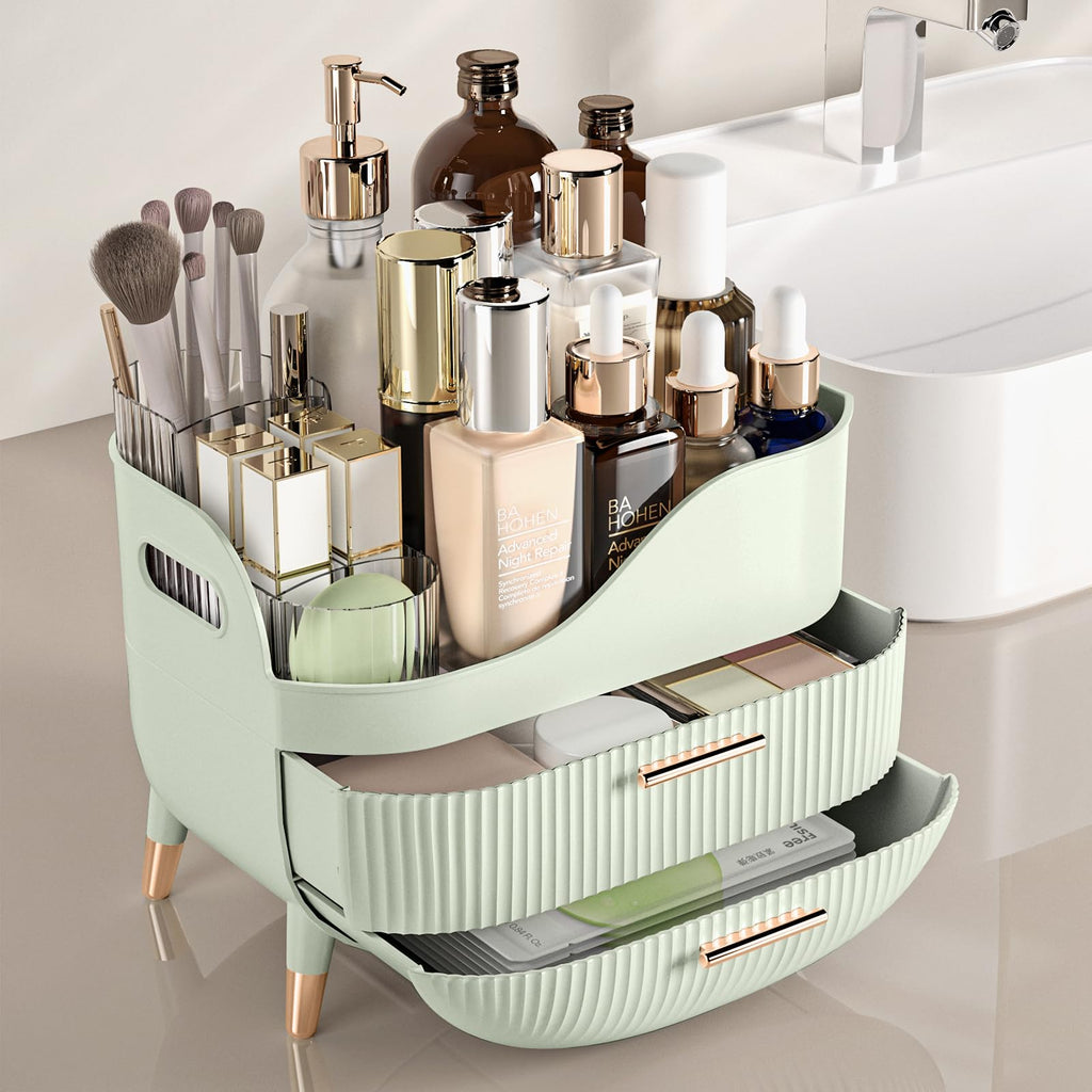 Pajiriona Makeup Organizer with Drawers, Green Skincare Organizer for Vanity, Storage Box with Handle, Large Cosmetic Display Case for Dresser, Bathroom Countertop