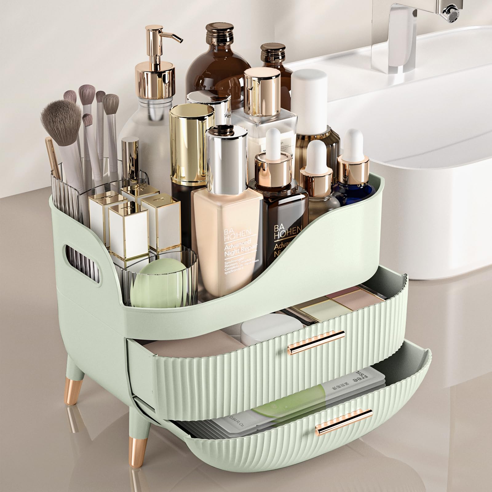 Pajiriona Makeup Organizer with Drawers, Green Skincare Organizer for Vanity, Storage Box with Handle, Large Cosmetic Display Case for Dresser, Bathroom Countertop