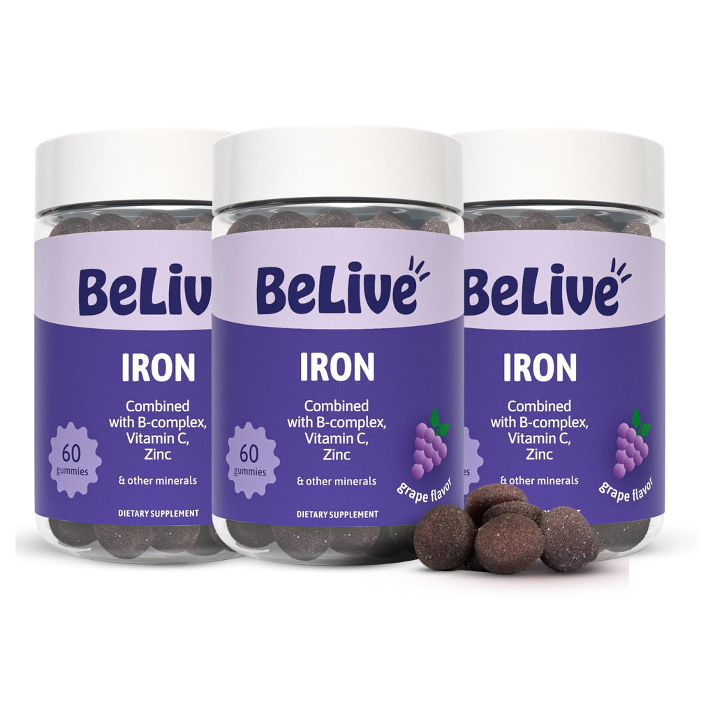 BeLive Iron Gummies, Multivitamin Supplement, Blood Oxygen Support, 120 Ct | With Vitamin C, B Complex, Folate, and Zinc for Women, Men & Kids for Growth and Development, Grape Flavor