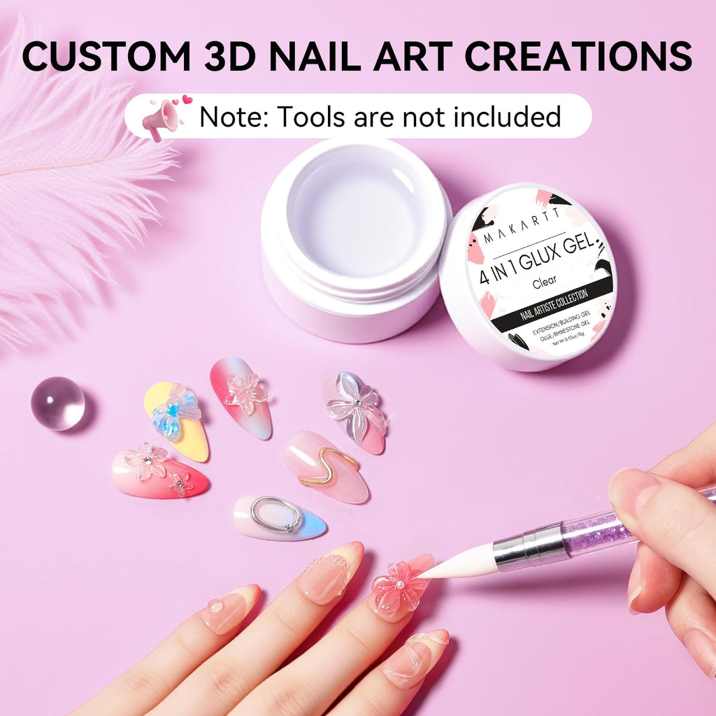 Makartt 3D Gel Nail Art, Clear Non-Sticky 4-in-1 Glux Gel | For Molding, Carving, Shaping, Raised Designs and Nail Extension, UV/LED Cure, Home DIY and Professional Nail Art, 15g