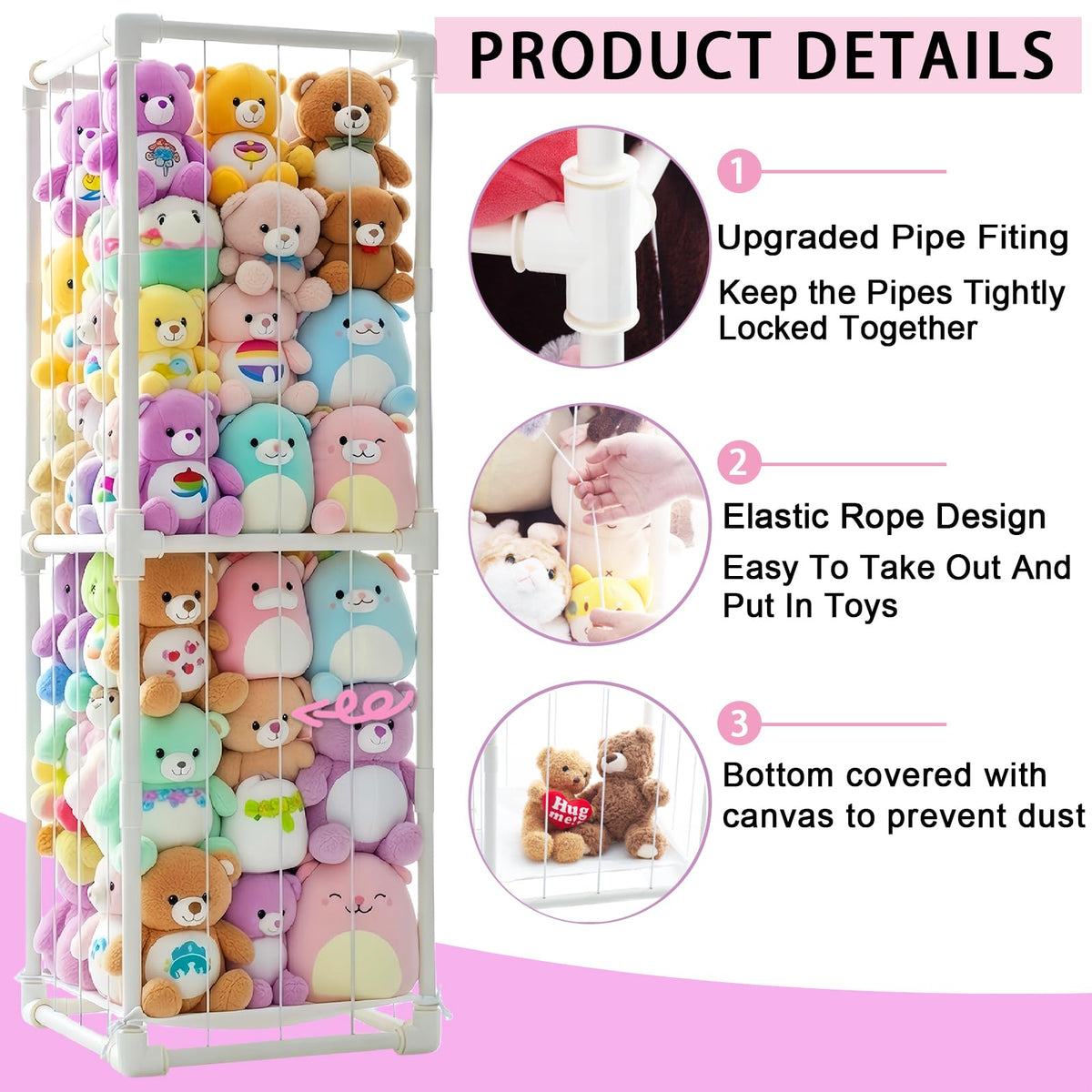 Stuffed Animal Storage Pre-Threaded Bungee Push-Lock Toolless Toy Organizer
