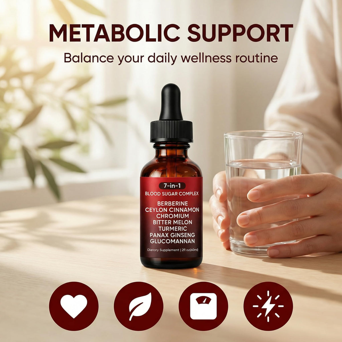 7-in-1 Complex Liquid Drops - Berberine with Ceylon Cinnamon, Chromium, Bitter Melon, Turmeric, Panax Ginseng & Glucomannan, Herbal Metabolic Support Supplement - 2fl oz