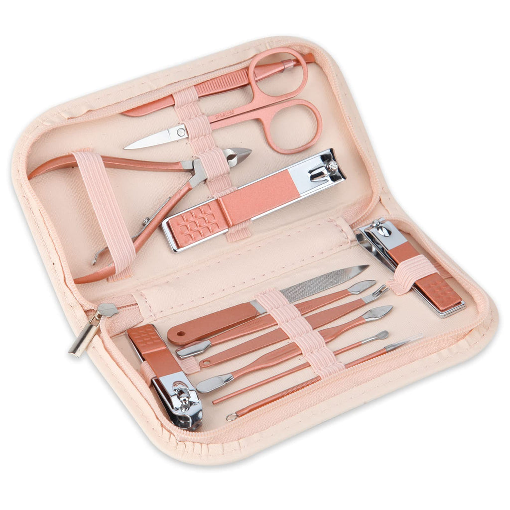 Nail Clippers & Beauty Tool Portable Set, Rose Gold Manicure Set, 12 in 1. | Martensitic Stainless Steel, Pink Leather Bag, Suitable for Home, Workplace, Outdoor Travel, Gift Giving, Salon.