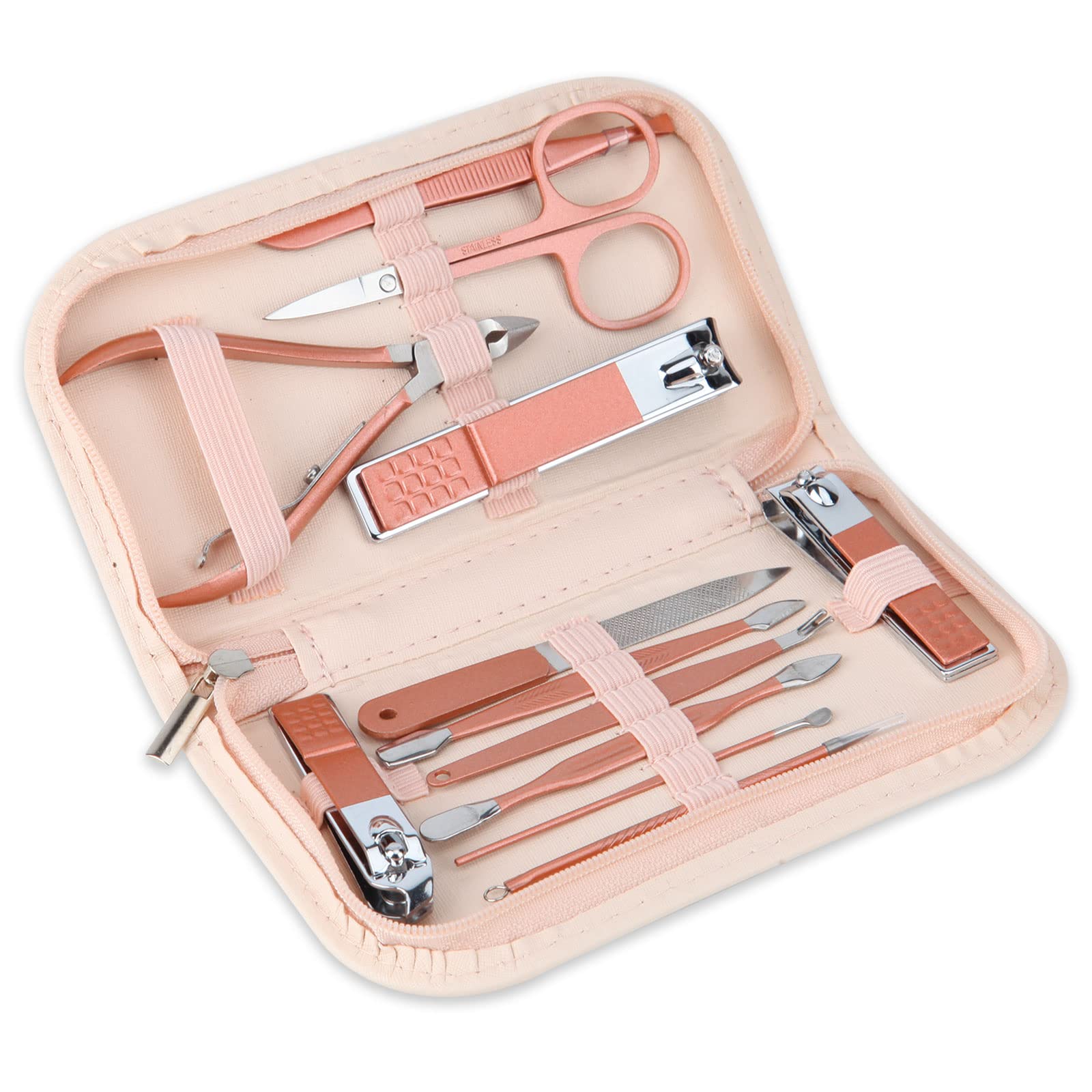 Nail Clippers & Beauty Tool Portable Set, Rose Gold Manicure Set, 12 in 1. | Martensitic Stainless Steel, Pink Leather Bag, Suitable for Home, Workplace, Outdoor Travel, Gift Giving, Salon.