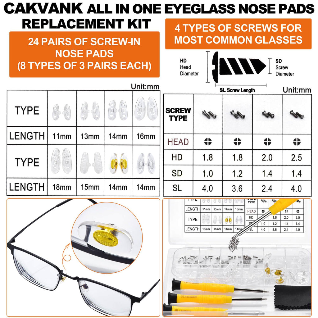 Eyeglass Nose Pads Replacement with 4 Sizes Screws, 24 Pairs Screw-in Glasses Nose Pads, Upgraded Eyeglass Repair Kit with Precision Screwdrivers, Tweezers, Glasses Cloth for Glasses, Sunglasses