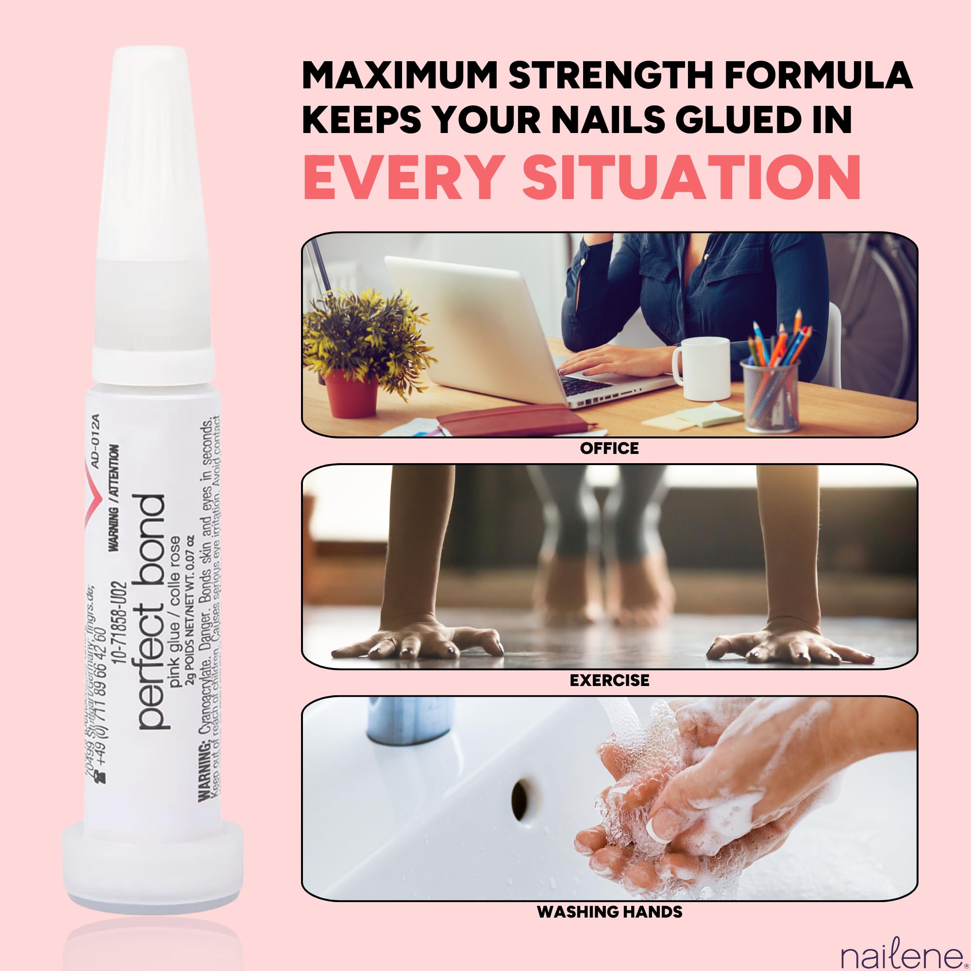 Nailene Perfect Bond Pink Glue, Strong Adhesive for Press On Nails, 2PK | Fast-drying, salon-quality bond. Perfect for artificial nail application, nail tips, and natural nail repairs. Lasts 7 days.