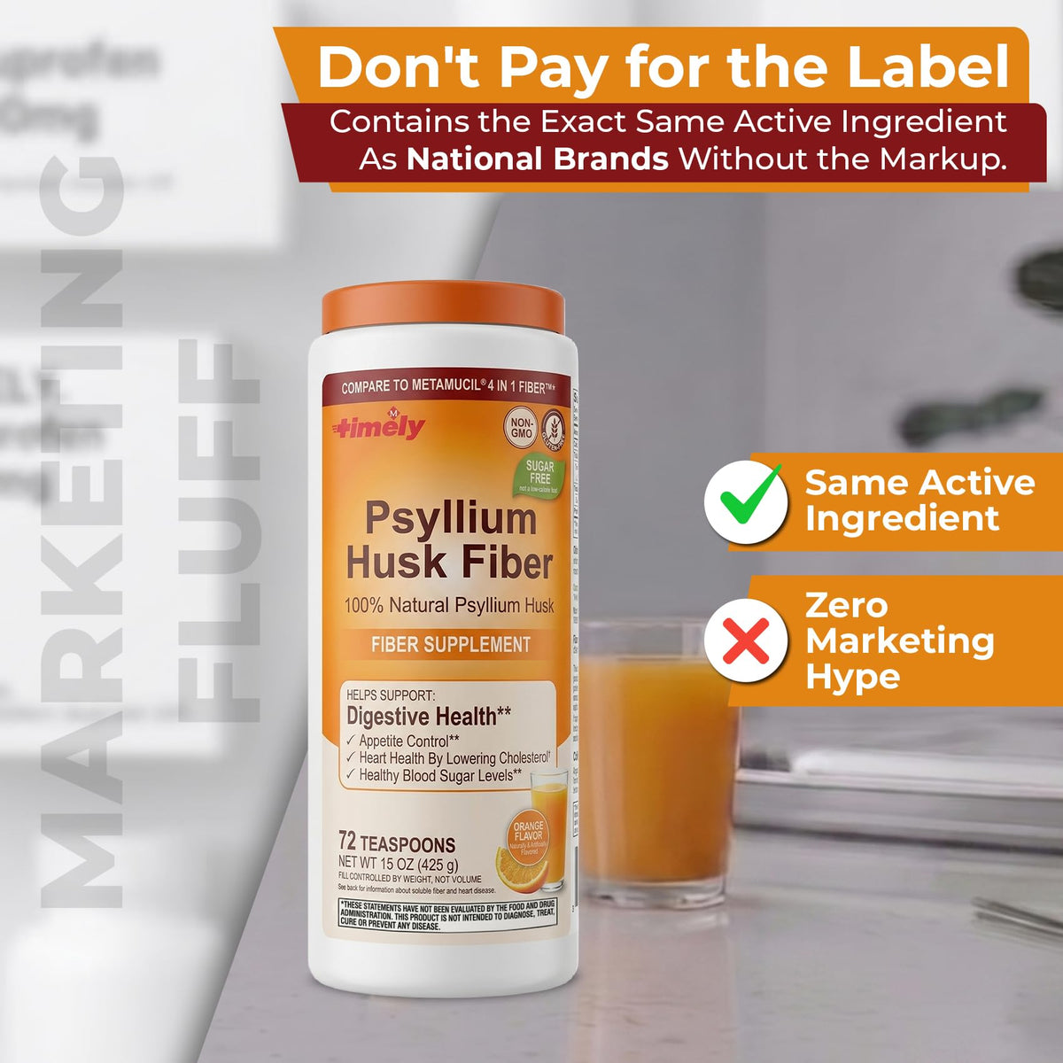 TIME-Cap Labs Psyllium Husk Powder Fiber Supplement, Orange Flavor, 15 oz