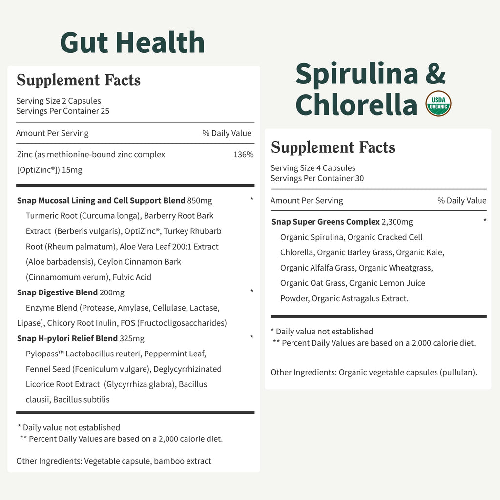 Snap Supplements Gut Health Supplement & Organic Spirulina Chlorella Bundle | Lipase Supplement, Probiotic Greens–Supports Digestion, Detox, Energy & Immune Health, 50 + 120 Vegan Capsules 30-Day Supply