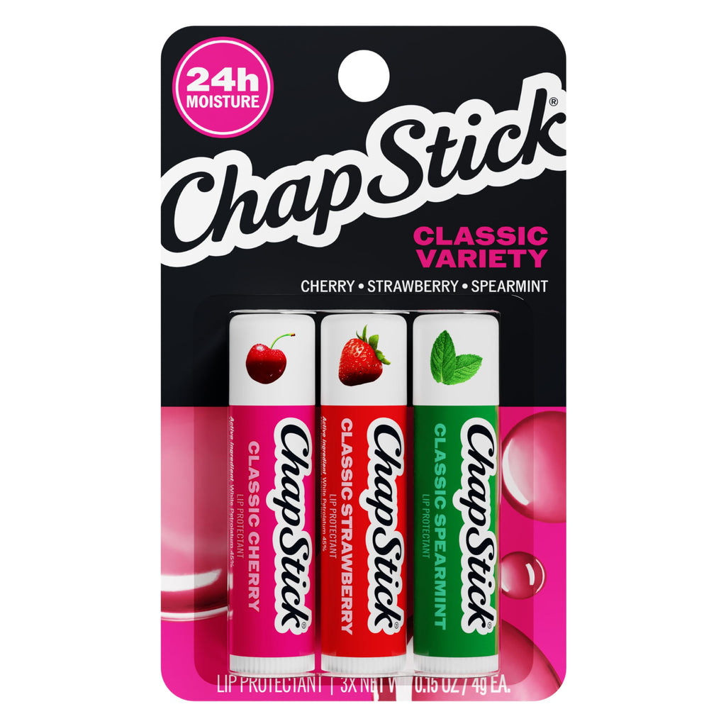 ChapStick Lip Care Set, Classic Collection 3-Pack – Spearmint, Cherry, and Strawberry Lip Balm, 0.15 Oz Ea