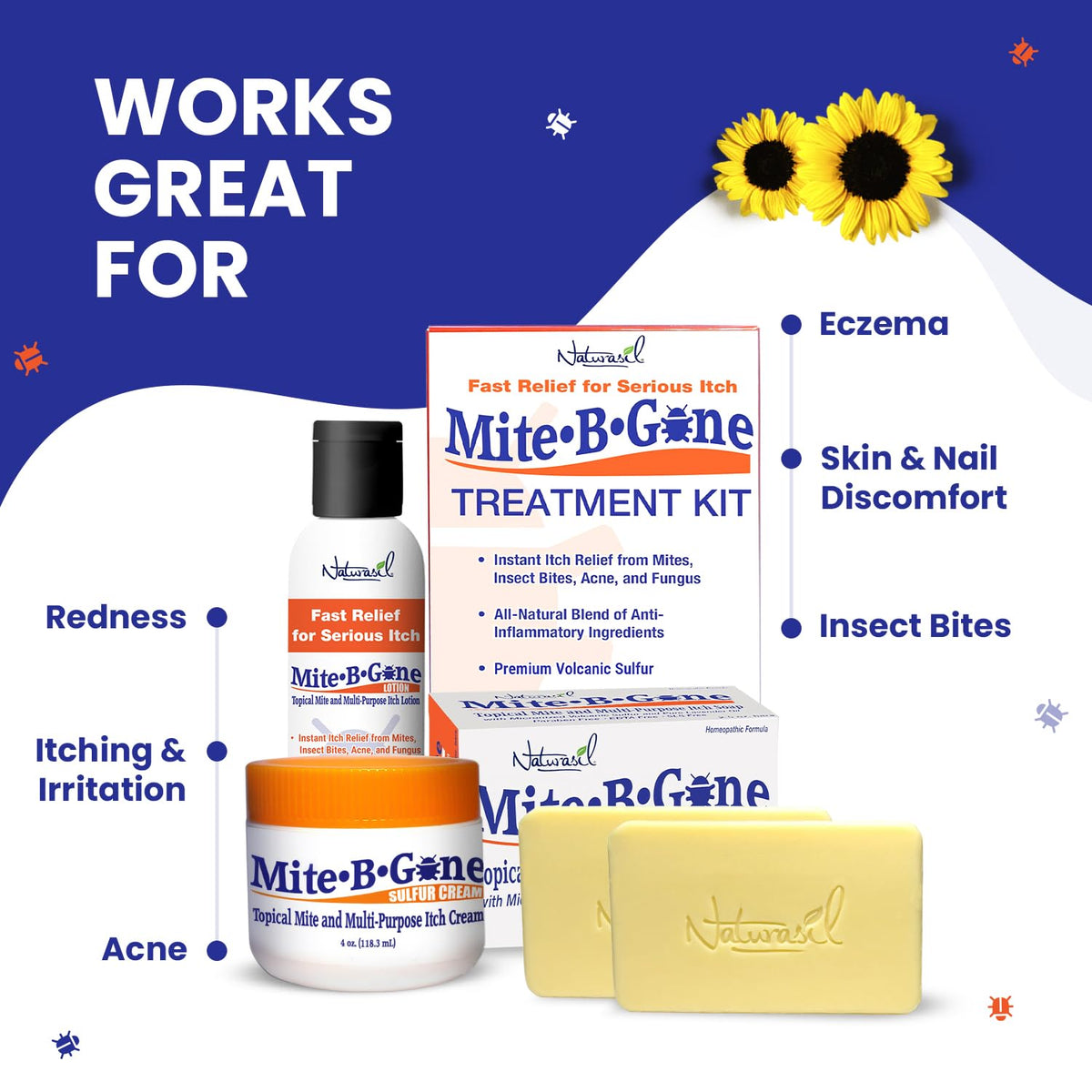 Mite Treatment for Humans, Sulfur Soap by Mite-B-Gone - 2 Pack, 5 oz Bars