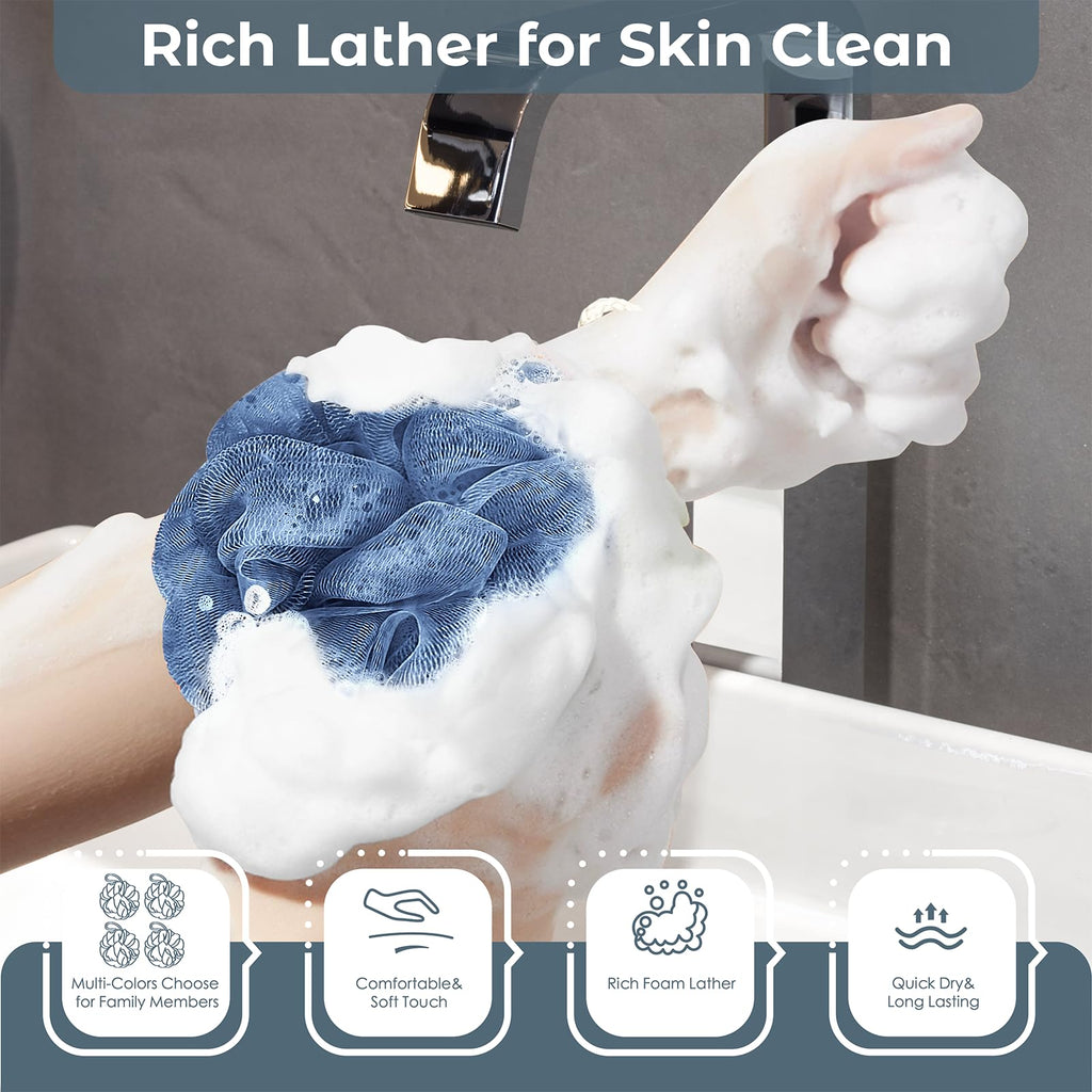 Rnoafmu Shower Loofah Bath Sponge 4 Pack, 60G Exfoliating Body Scrubber | Luffa Mesh Shower Pouf Balls for Men and Women, Rich Lather with Body Wash, Bath Accessories (Blue Gray Green Dark Green)