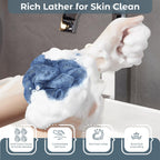 Rnoafmu Shower Loofah Bath Sponge 4 Pack, 60G Exfoliating Body Scrubber | Luffa Mesh Shower Pouf Balls for Men and Women, Rich Lather with Body Wash, Bath Accessories (Blue Gray Green Dark Green)