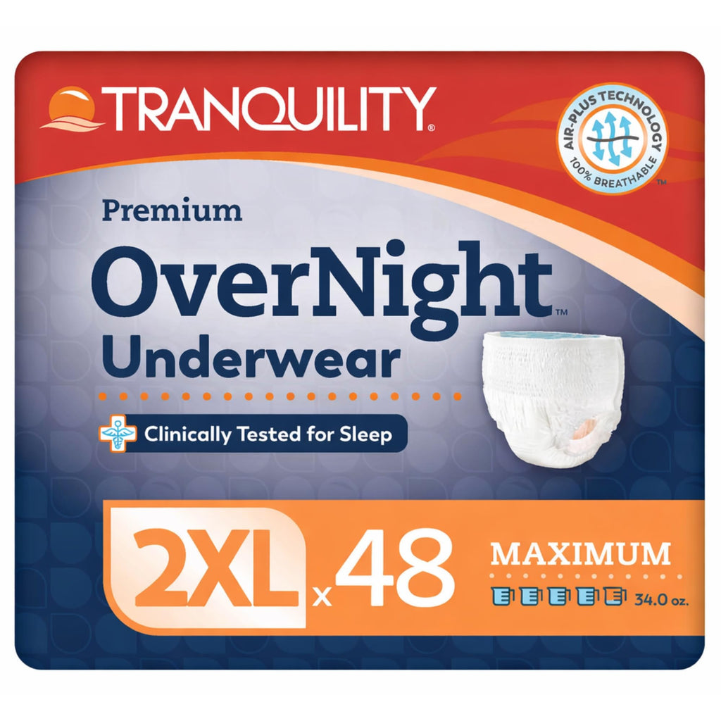 Tranquility Premium OverNight Disposable Absorbent Underwear (48 Count) - 2XL, 62-80 in. Waist - Maximum Absorbency, All-Night Sleep, Breathable Comfort, 48 Adult Diapers