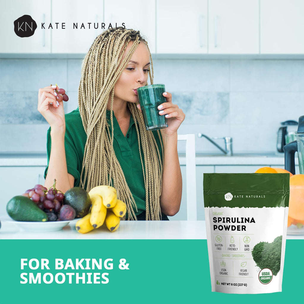 Kate Naturals Organic Spirulina Powder, Nutrient Dense Superfood (8oz) | USDA Certified, Non-GMO, Gluten- Free