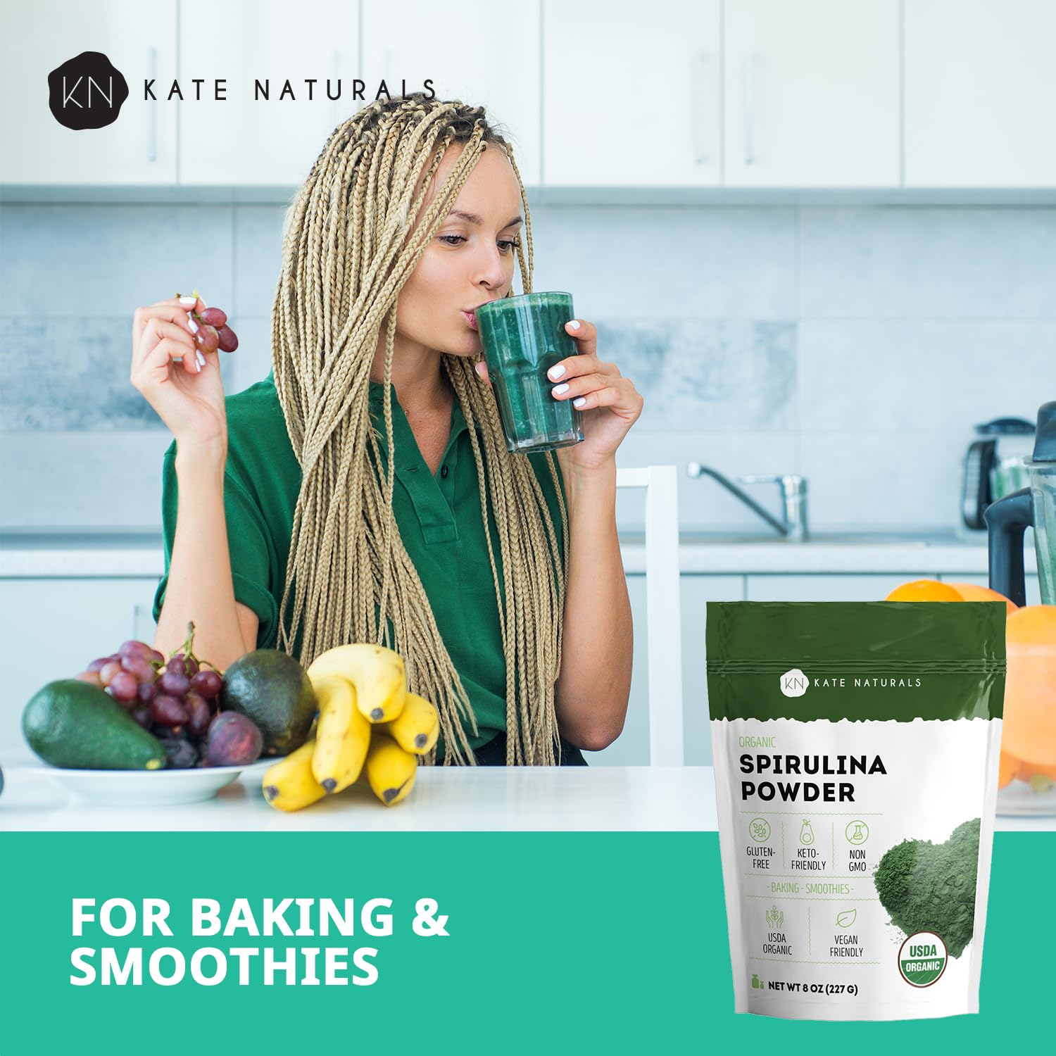 Kate Naturals Organic Spirulina Powder, Nutrient Dense Superfood (8oz) | USDA Certified, Non-GMO, Gluten- Free