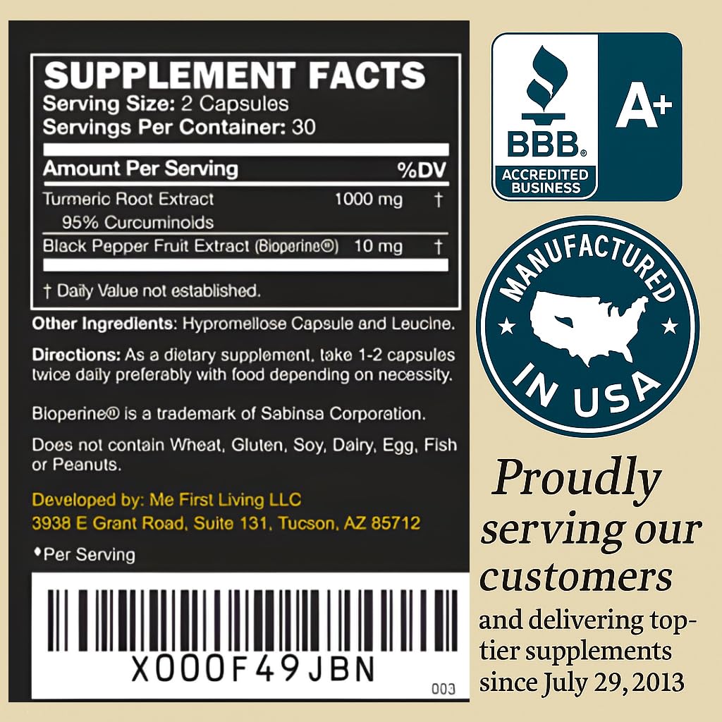 Me First Living Turmeric Curcumin 1000 mg 95% Curcuminoids, Bioperine 10 mg, 19x More Potent Than Others, Increased Absorption, Non-GMO, Organic Turmeric, Vegan, Gluten Free, 60 Capsules