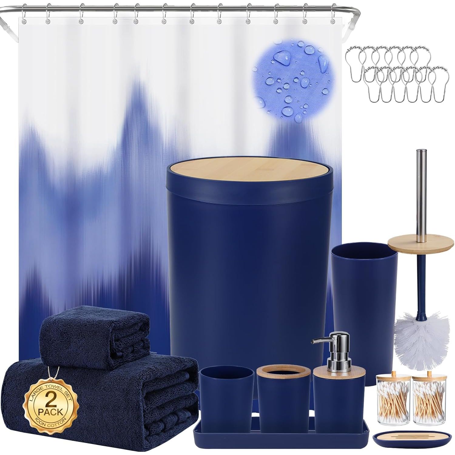 Buy now iMucci 9Pcs Black Bathroom Accessories Set with Trash Can Bathroom Set Black Bathroom Accessories Bathroom Decor Bath Set+Shower Curtain+Bath Towel Set Navy Blue at indiglob india