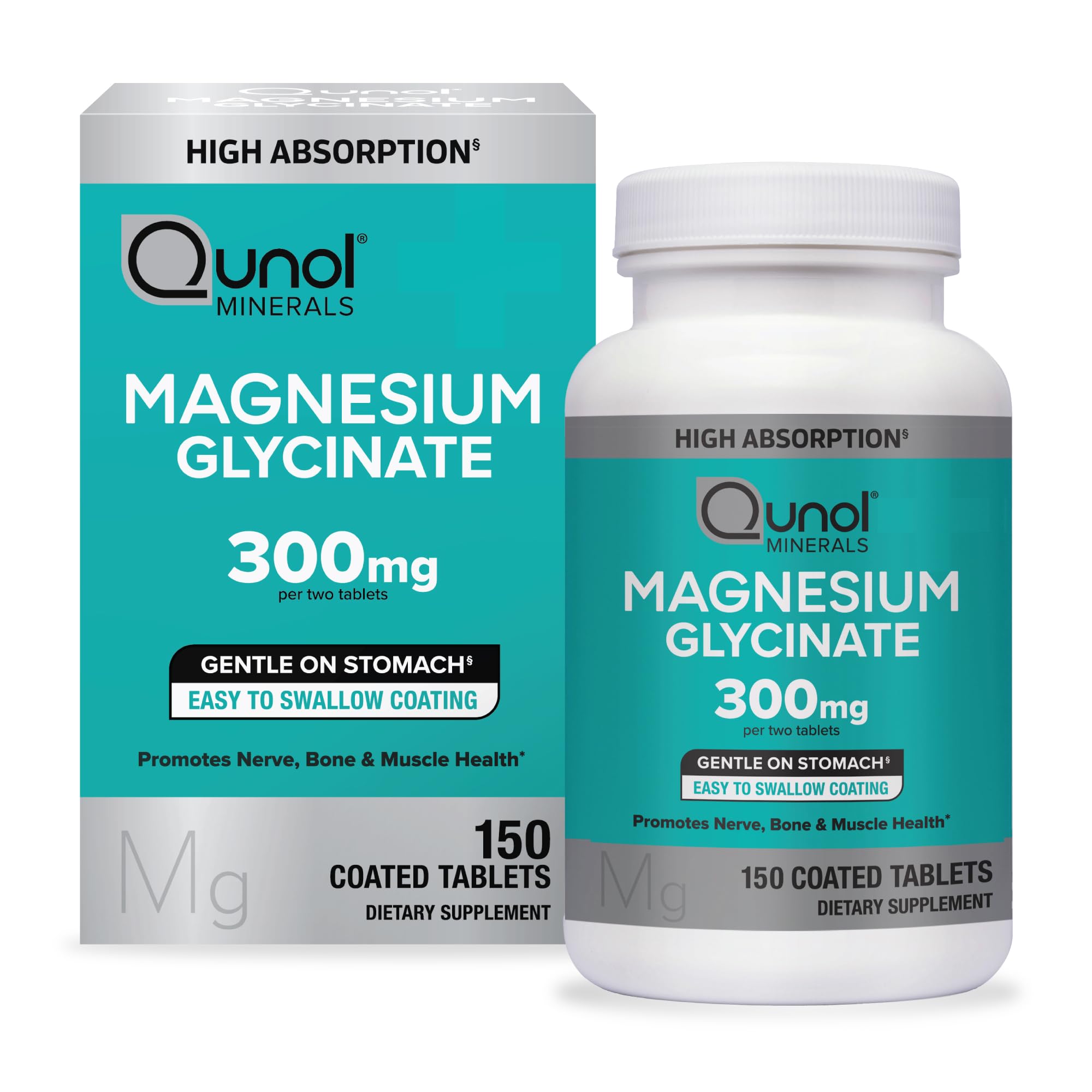 Qunol Magnesium Glycinate Tablets 300mg, 100% Chelated, Gluten-Free, 150ct | Support Nerve, Bone & Muscle Health, Cognitive Performance, Healthy Stress Response, Restful Sleep; Vegetarian, Non-GMO