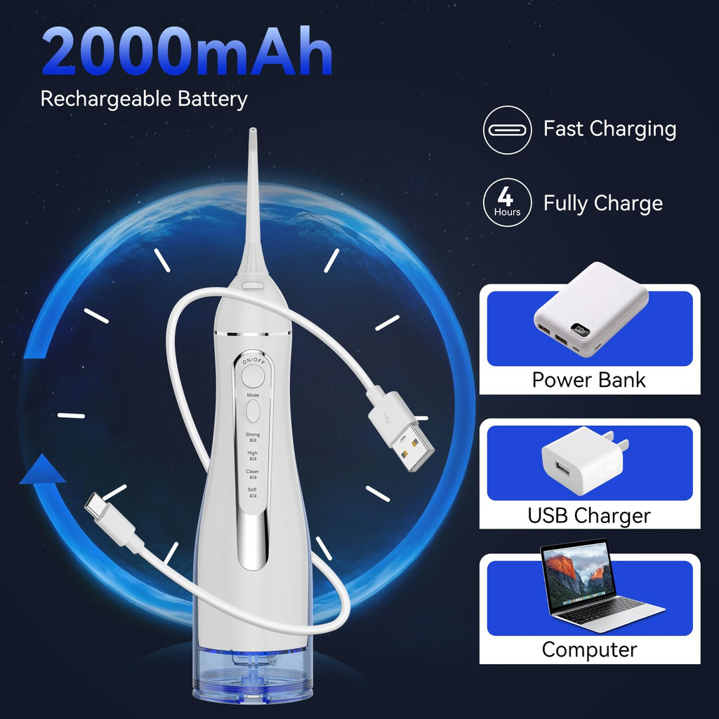 Water flossers for Teeth Pick, Portable Oral Irrigator Dental with 4 Modes 5 Jet Tips, IPX7 Rechargeable Water Tooth Flosser for Braces Sensitive Gum Care，300ml Tank for Home Travel Use