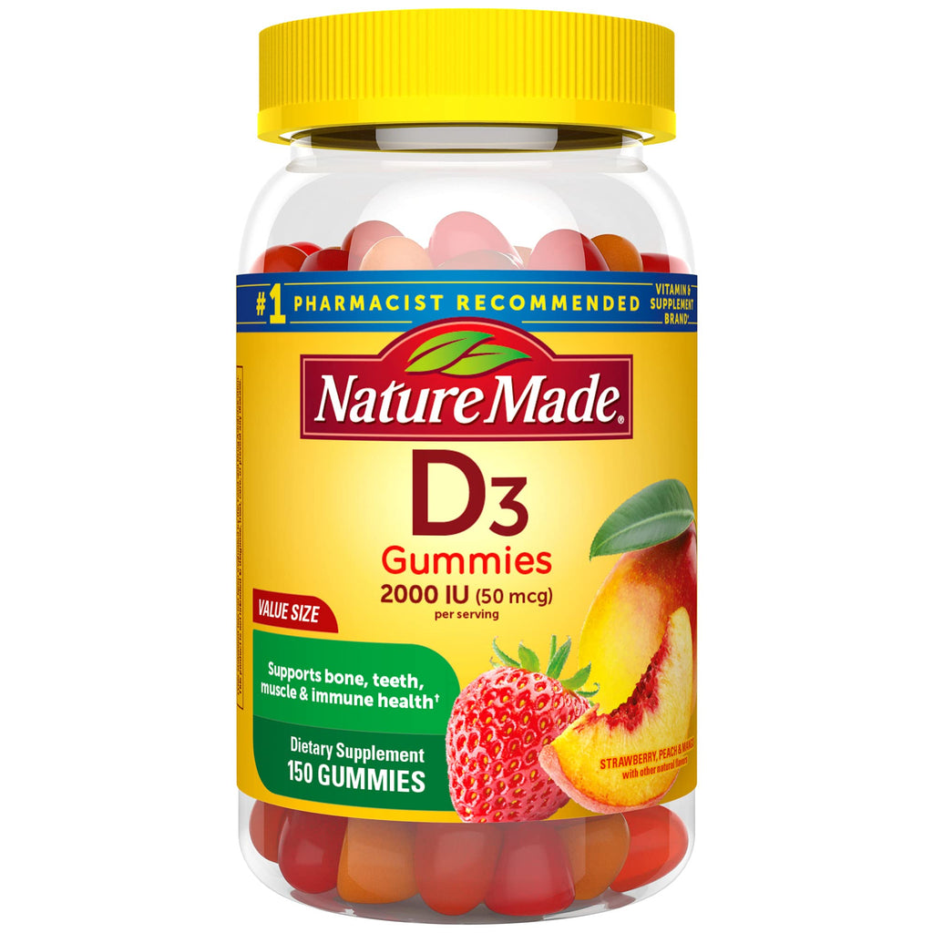 Nature Made Vitamin D3 2000 IU Per Serving Gummies,Bone,Teeth,Muscle and Immune Health Support,75 Day Supply,150 Vitamin D Gummies for Adults,(Pack of 2)