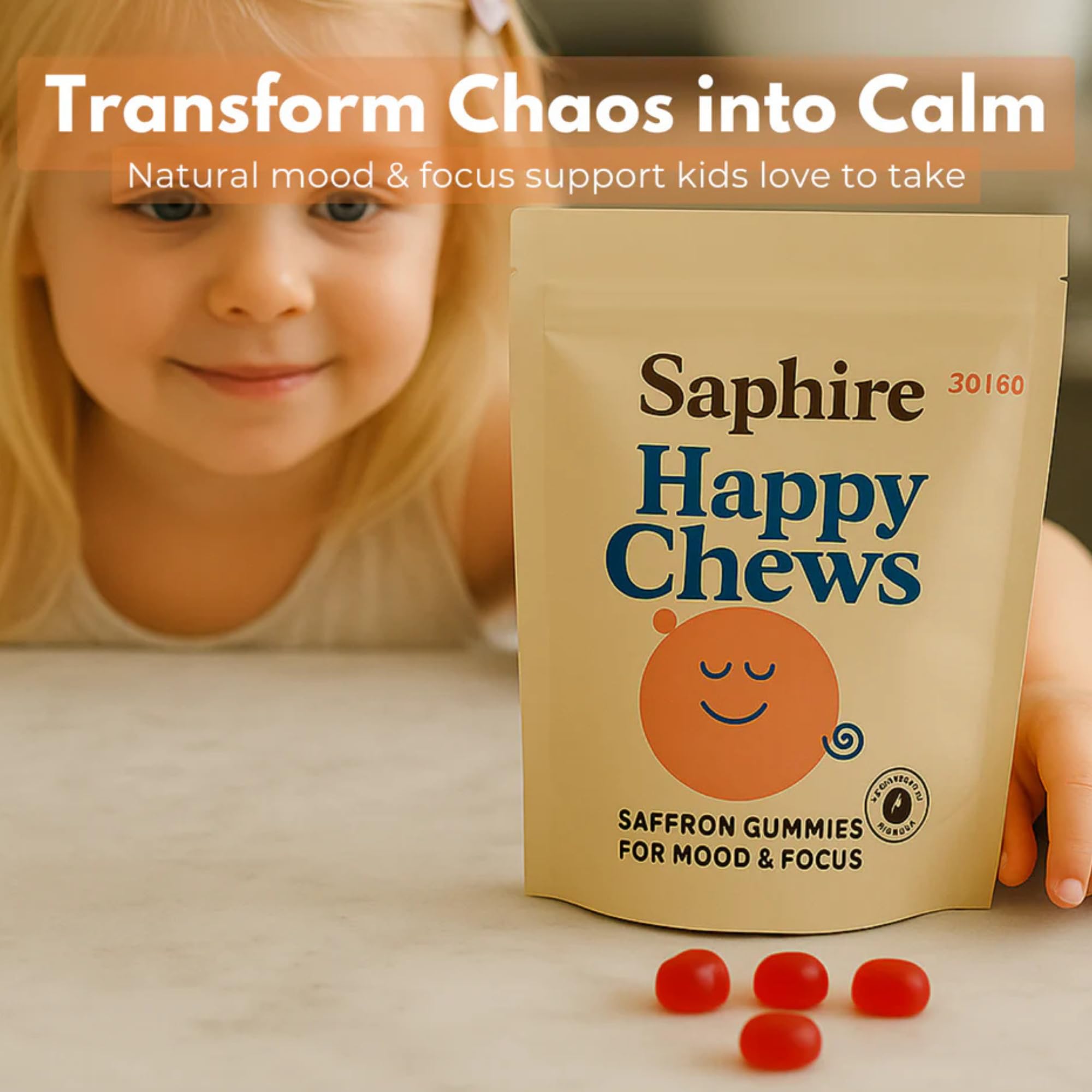 Saffron Gummies for Kids, Sugar-Free, 60 Gummies | Supports Mood, Calm & Focus, Saffron Extract, Passionflower, St. John's Wort & GABA, Sugar-Free, Gluten-Free, Vegan, Non-GMO