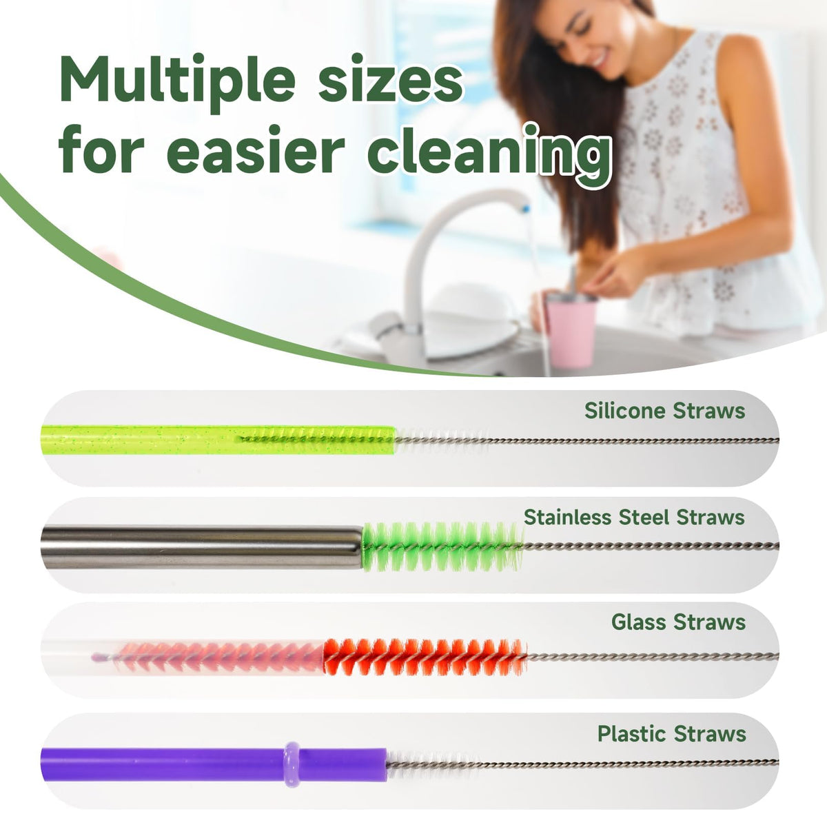 9PCS Reusable Long Colored Straw Cleaner Brush Set 12" Bendable