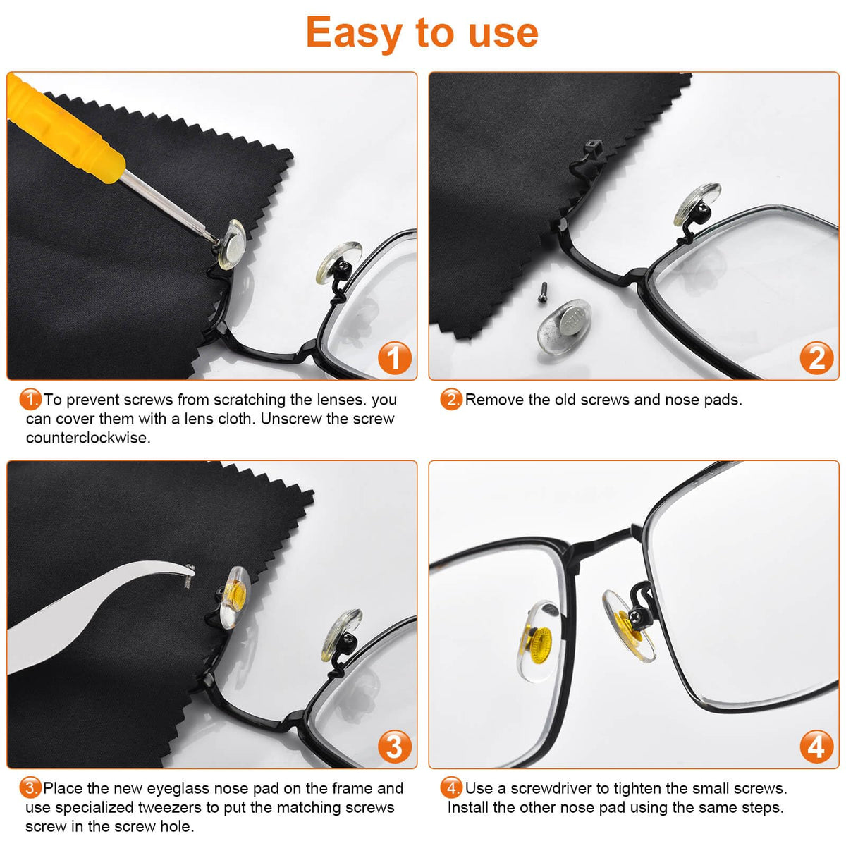 Eyeglass Nose Pads Replacement with 4 Sizes Screws, 24 Pairs Screw-in Glasses Nose Pads, Upgraded Eyeglass Repair Kit with Precision Screwdrivers, Tweezers, Glasses Cloth for Glasses, Sunglasses
