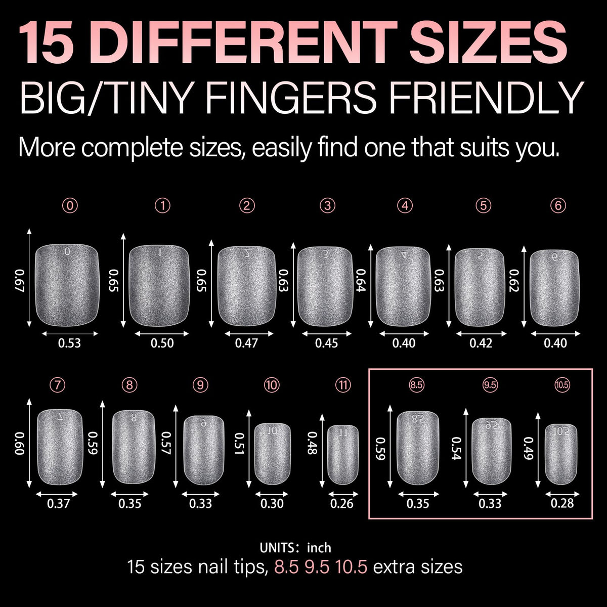 AILLSA's 450PCS Short Almond Nail Tips in 15 sizes, suitable for all finger types, ensuring authentic and versatile nail applications.