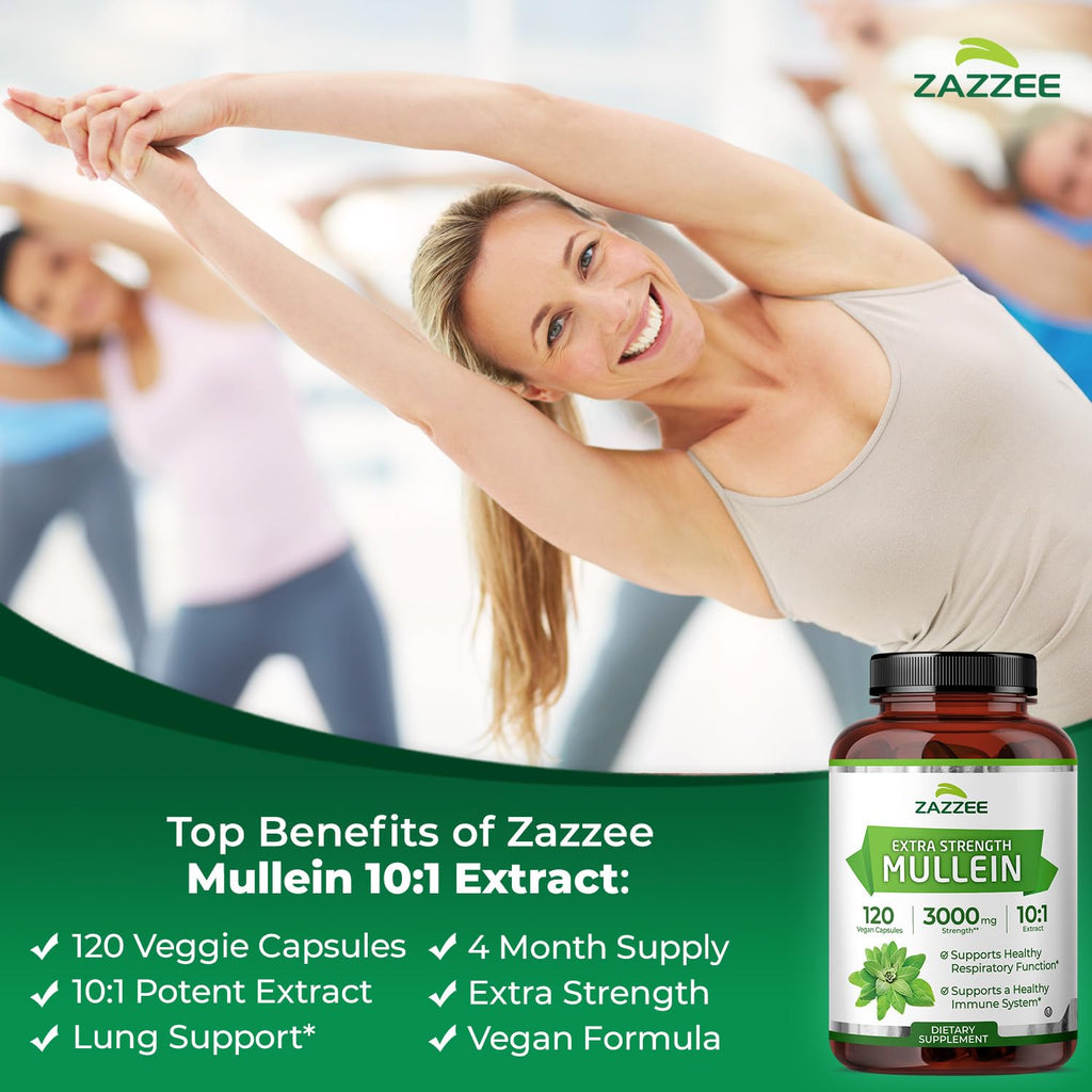 Zazzee Extra Strength Mullein Leaf 10:1 Extract, 120 Vegan Capsules | 4 Month Supply, Respiratory & Lung Support, Certified Kosher, 100% Pure Leaf Powder, Verbascum Thapsus, Non-GMO, Made in USA