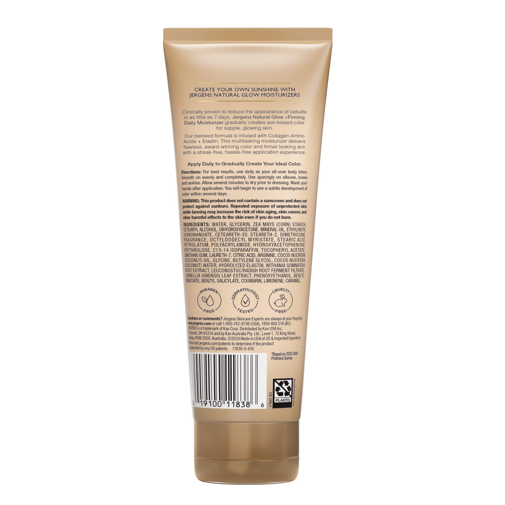 Jergens Natural Glow + Firming Daily Moisturizer Medium to Tan Skin Tones 7.5oz | Gradual Sunless Tanner, Collagen and Elastin, Firms Skin, Reduces Cellulite, Daily Moisturizer, Medium to Deep Skin Tone