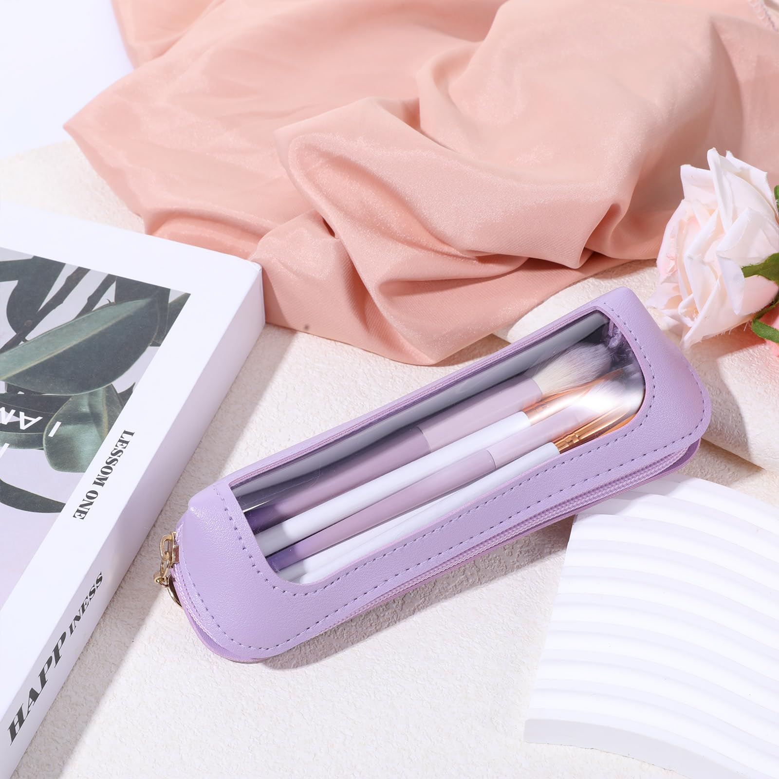 Authentic Psyqtsuary small clear makeup bag in lavender, perfect for organizing cosmetics and brushes with a stylish design.