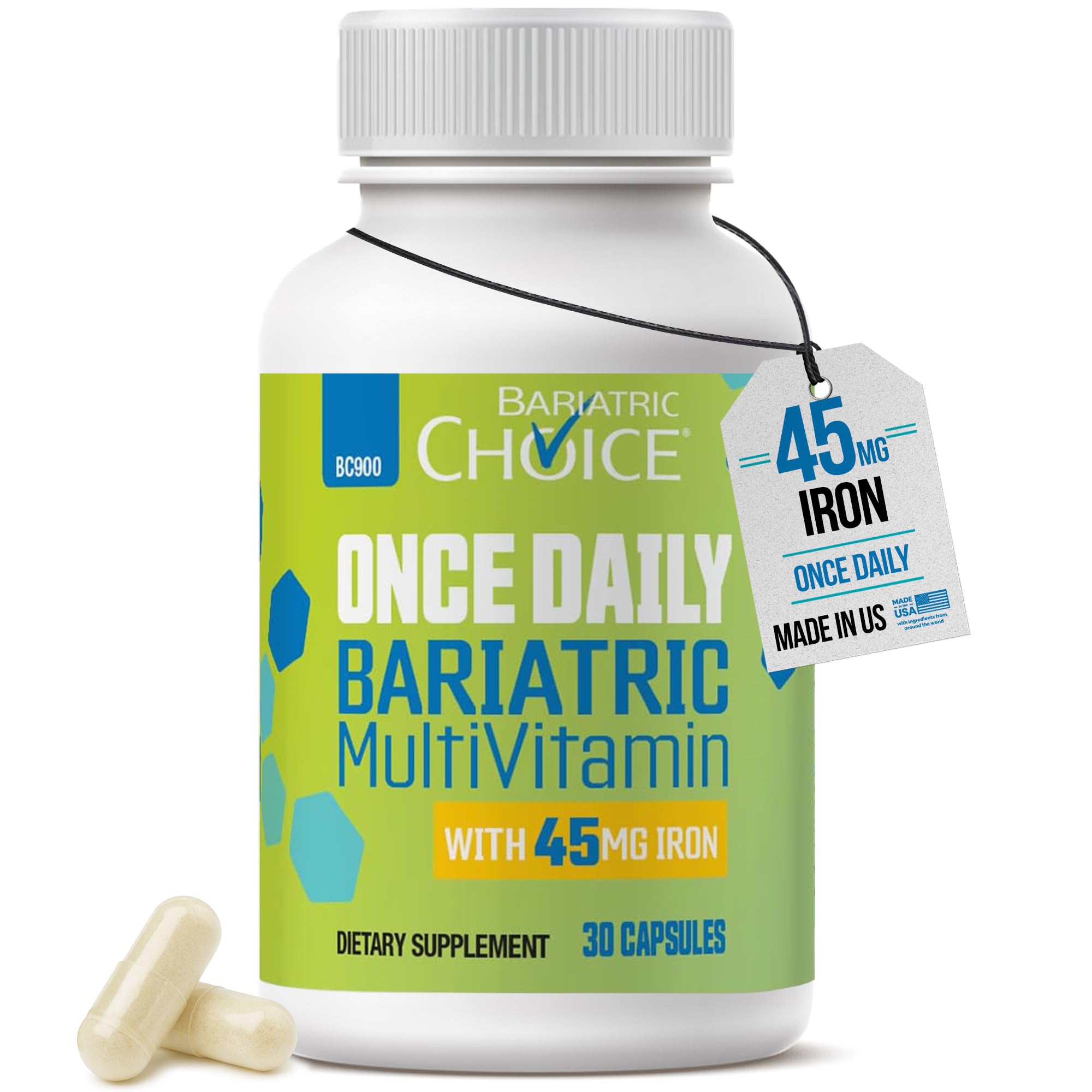 Bariatric Choice Once Daily Bariatric Multivitamin with Iron 45mg, 3 Months | 3-Mo Supply, Once Daily Easy-to-Swallow Capsule for Gastric Bypass & Sleeve Patients – High Potency Vitamins A, D, B12, More